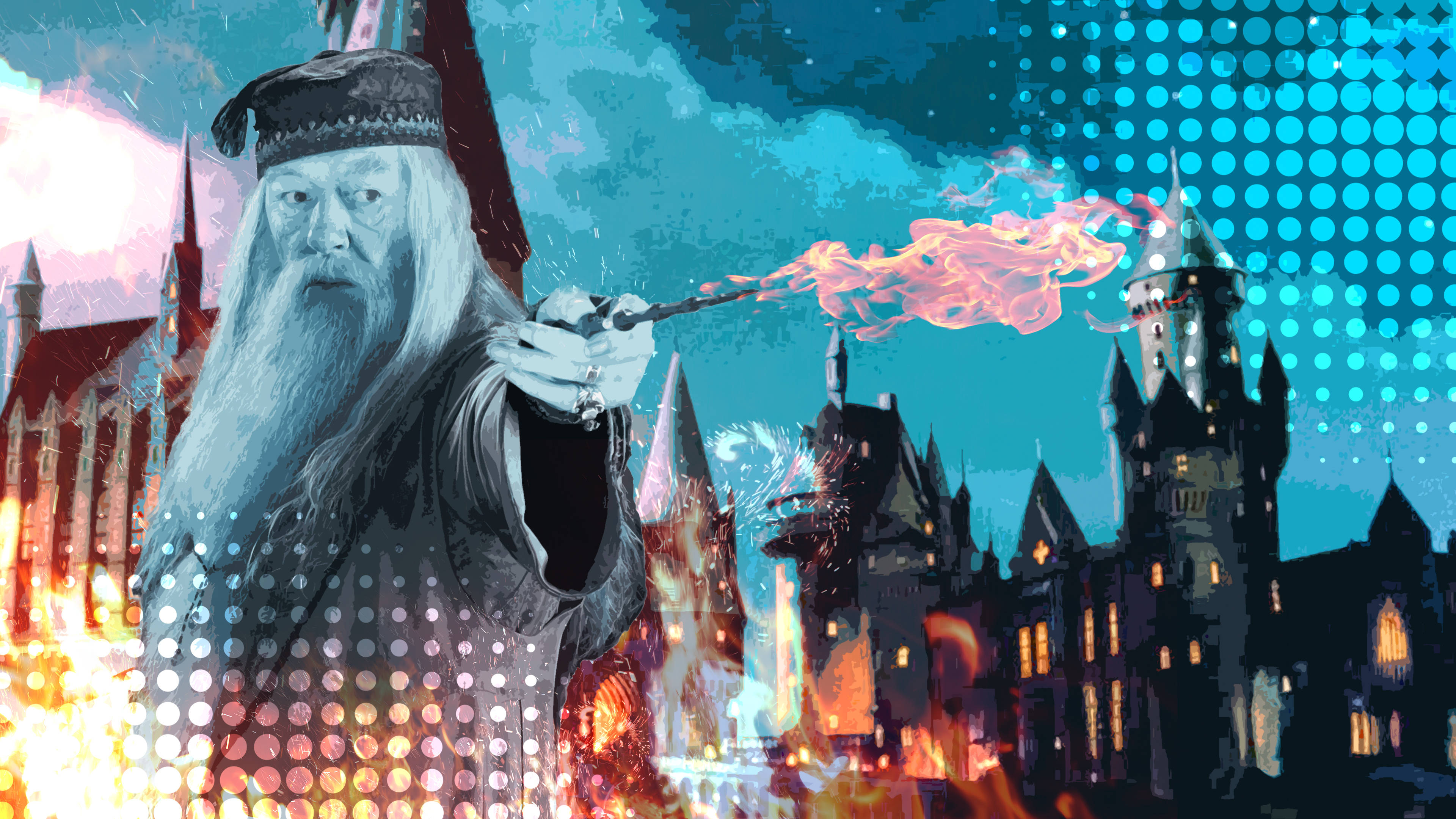 Hogwarts Aesthetic 桌布 壁紙 — 阿不思·鄧不利多在風格化的城堡背景下揮舞著火焰魔杖，背景有半色調點圖案和火焰爆炸。