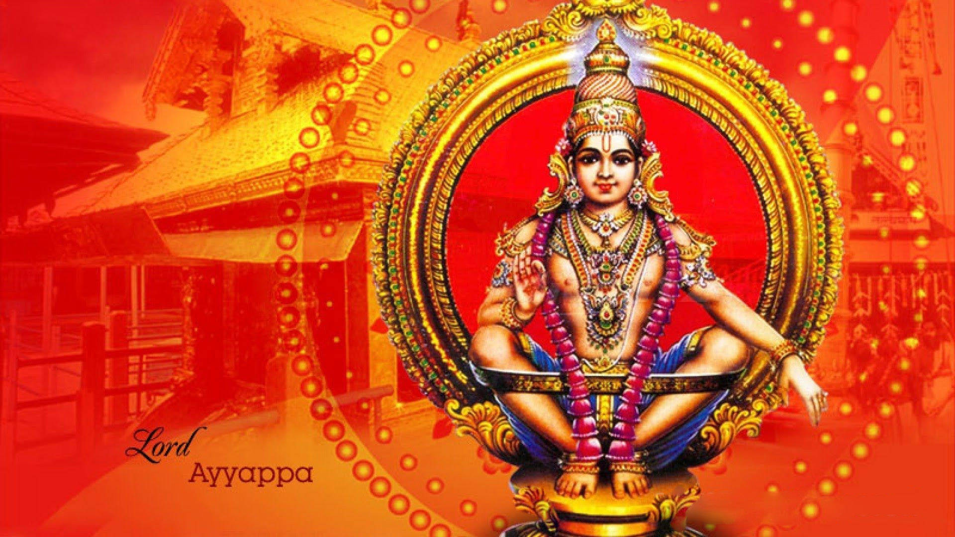 Indian 桌布 壁紙 — 阿亞帕主神安詳地坐在一個飾有珠寶和金盞花花環的金色華麗畫框中，背景是鮮豔的紅色和橙色寺廟背景。