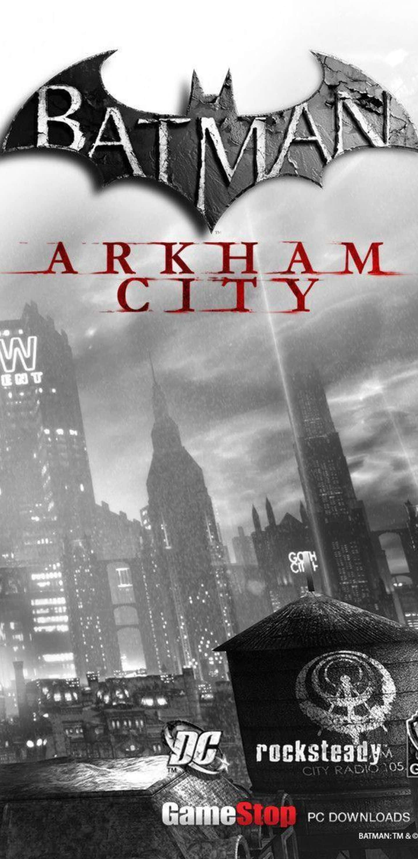 Pixel 3xl Batman Arkham City 桌布 壁紙 — 阿卡姆城黑白 gritty 城市景觀，帶有裂開的蝙蝠俠標誌和紅色標題文字，背景是暴風雨的天空。