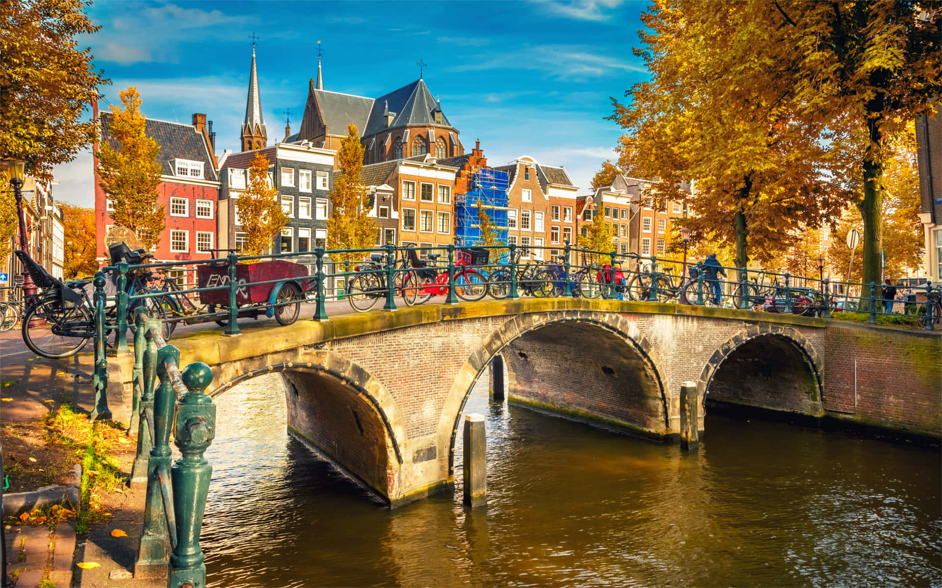 Europe 桌布 壁紙 — 阿姆斯特丹一座充滿活力的秋日橋樑，自行車騎士和馬車正越過兩旁種滿金色樹木和歷史山形建築的運河。