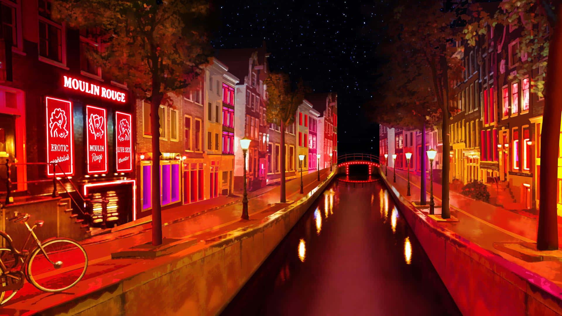 Red Light District 桌布 壁紙 — 阿姆斯特丹充滿活力的夜間運河場景，色彩繽紛的霓虹燈在星空下映照在濕漉漉的水面上。