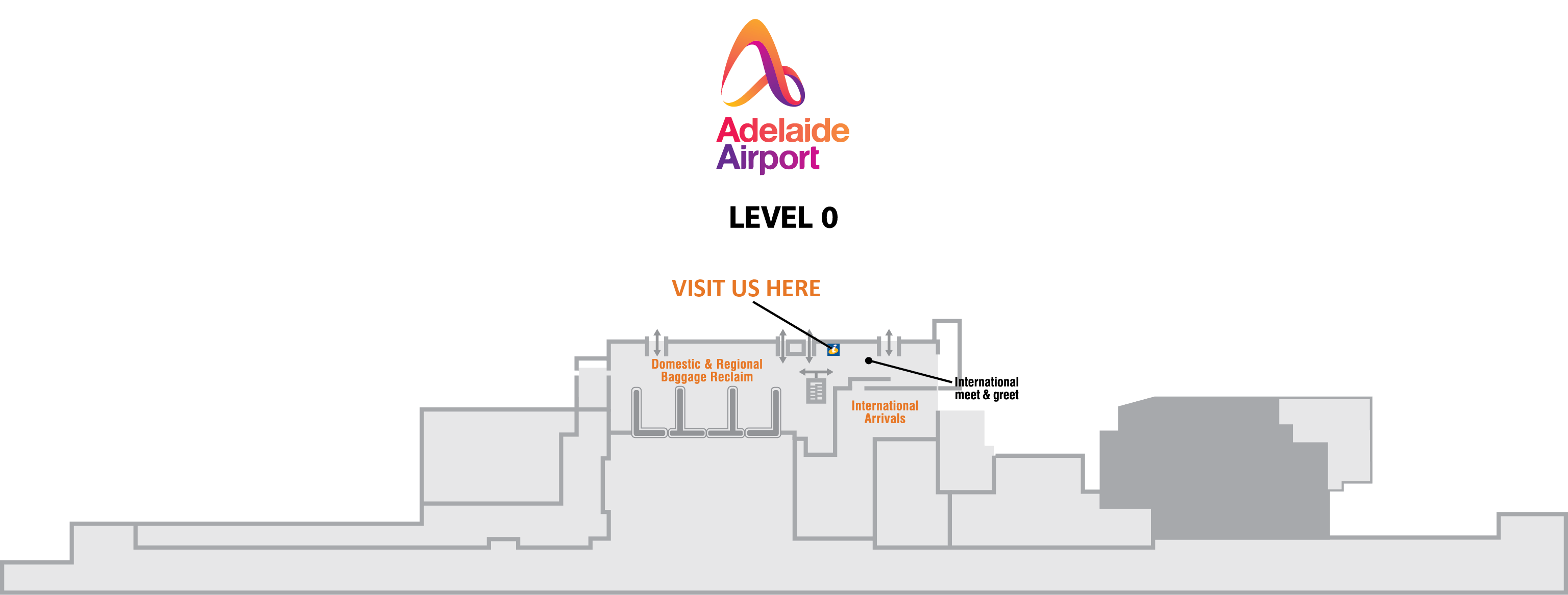 Airport 桌布 壁紙 — 阿德萊德機場0樓層的極簡平面圖，顯示行李提取和國際抵達區域。
