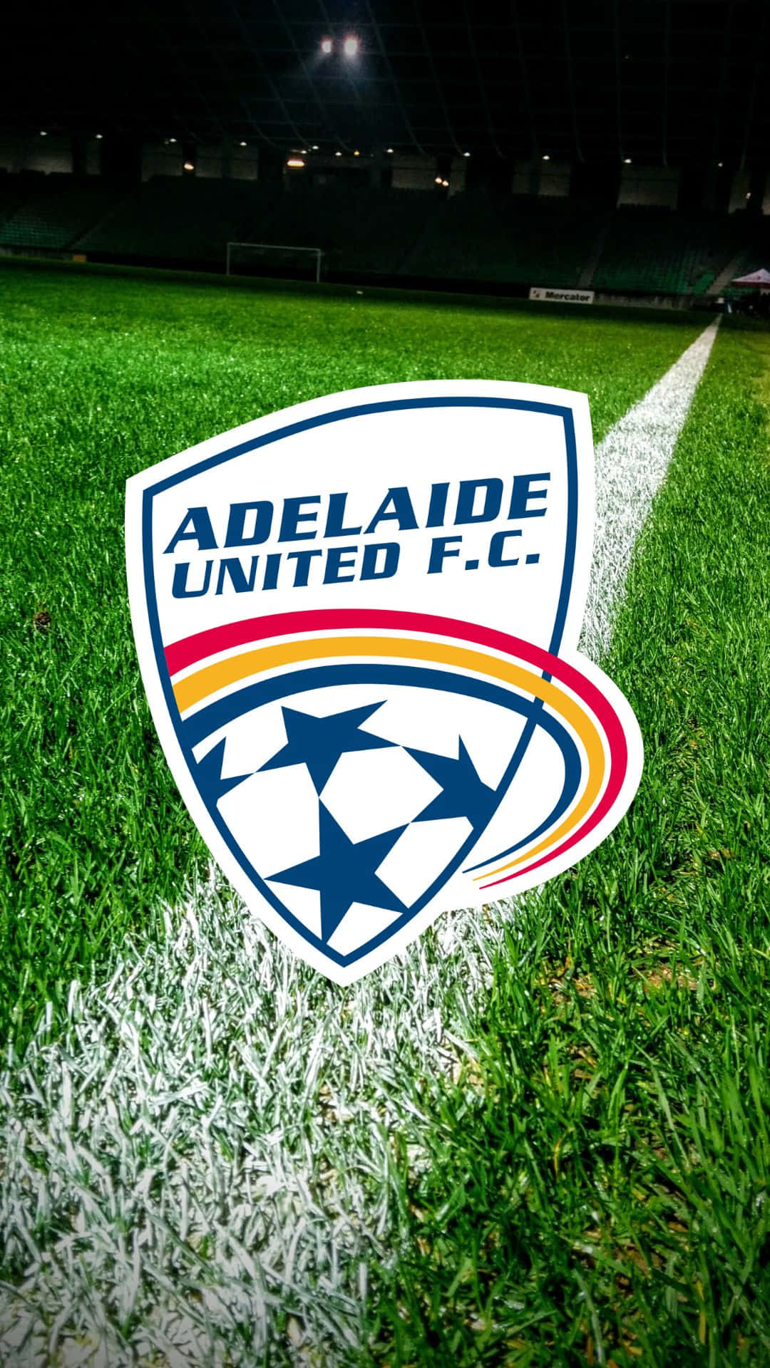 Adelaide United 桌布 壁紙 — 阿德萊德聯足球俱樂部標誌在夜間球場燈光下，放置在鮮綠色足球場草地旁白色邊界線旁。
