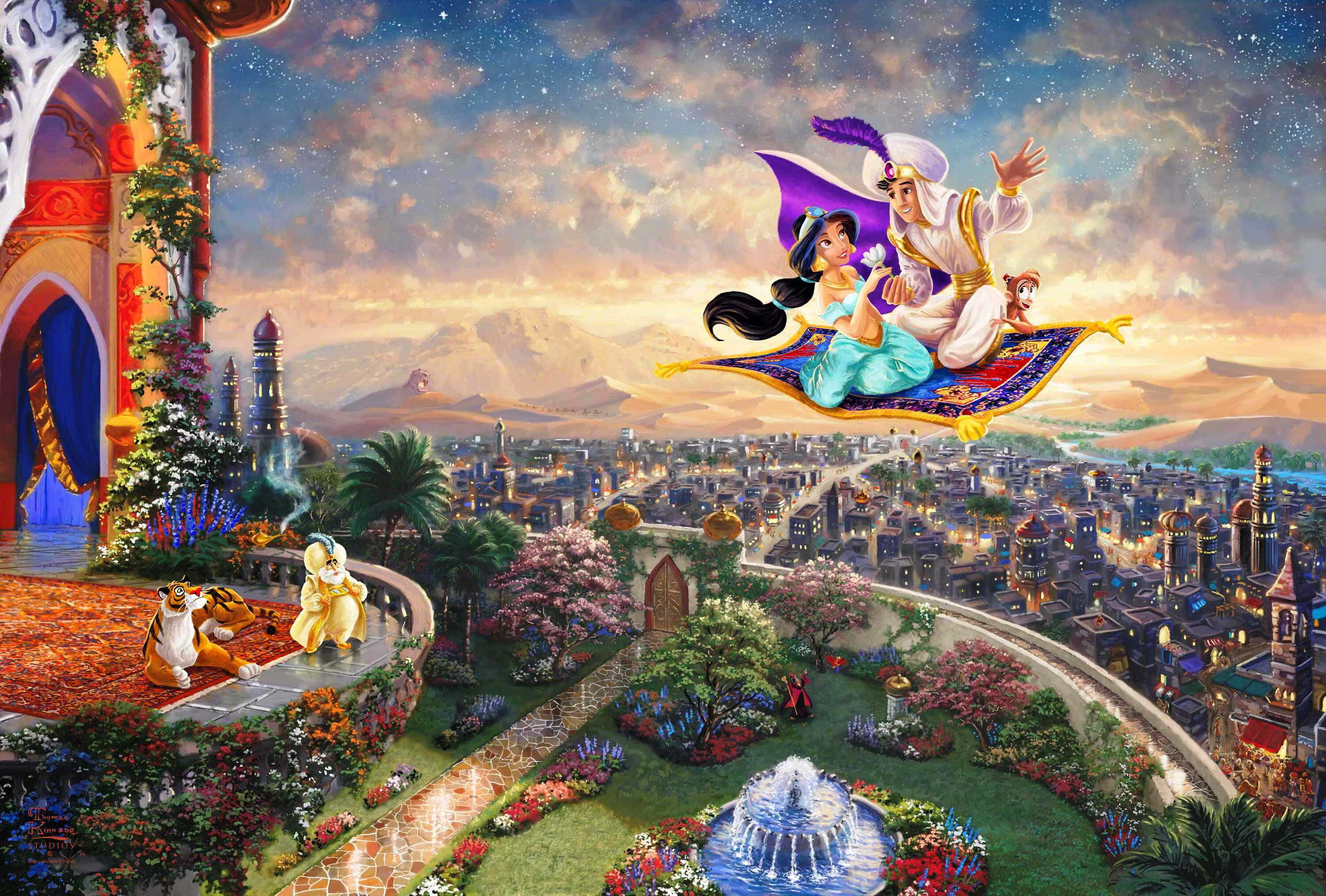 Kingdom 桌布 壁紙 — 阿拉丁和茉莉公主乘坐魔毯，在黃昏時分飛越充滿活力的阿拉伯城市景觀，下方是宮殿陽台和花園。