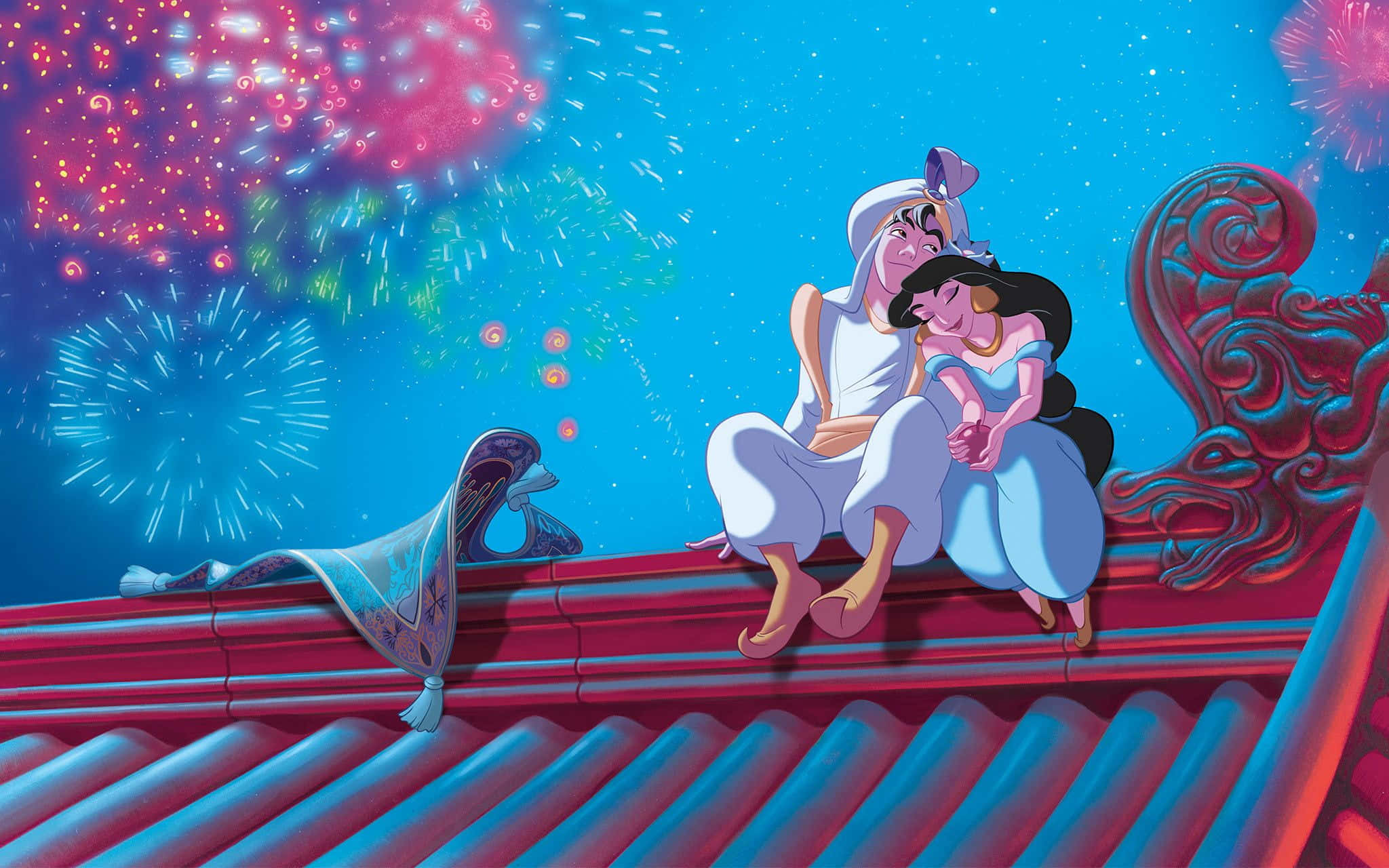 Disney Profile 桌布 壁紙 — 阿拉丁和茉莉在屋頂上依偎，色彩繽紛的煙火在繁星點點的夜空中綻放。