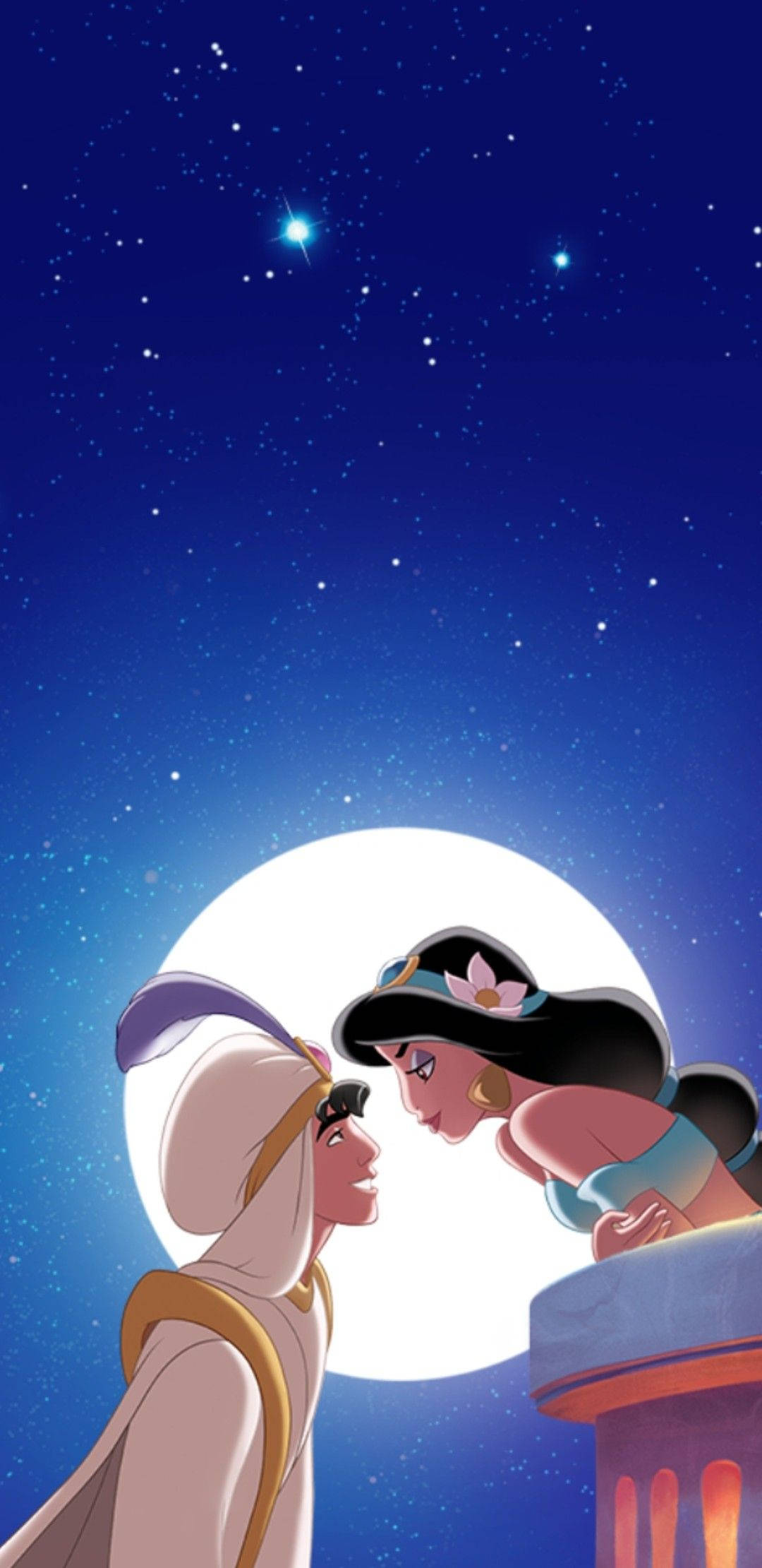Tumblr 文青風 桌布 壁紙 — 阿拉丁和茉莉在滿月背後的星空下深情對望。