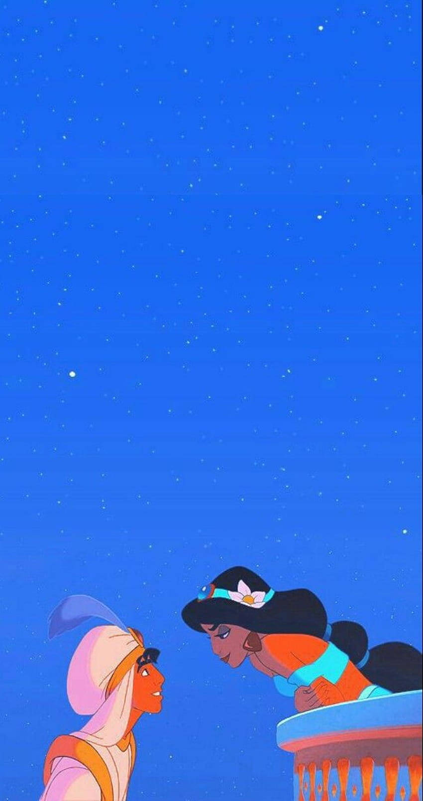 迪士尼 桌布 壁紙 — 阿拉丁和茉莉在繁星點點的夜空下深情對望，經典迪士尼動畫場景。