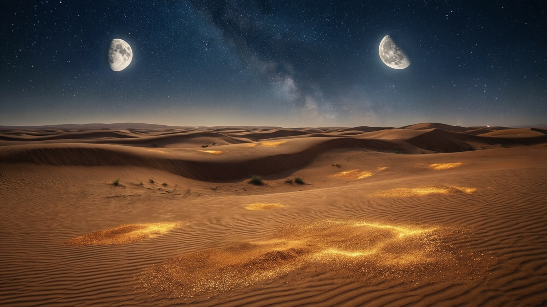 阿拉基斯之夜 壁紙 — 星空下，兩個月亮和發光的金色沙丘構成的超現實沙漠景觀。