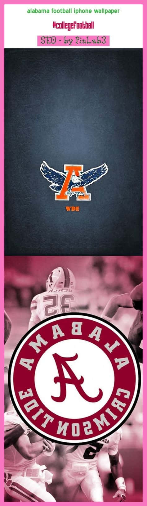 Alabama Football iPhone 桌布 壁紙 — 阿拉巴馬紅潮隊足球標誌與球員在深色紋理背景上帶有粉紅色調的動作畫面。
