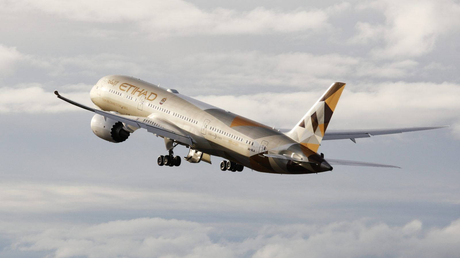 flying 桌布 壁紙 — 阿提哈德航空波音787夢幻客機在起落架放下的情況下，穿過多雲的天空爬升。