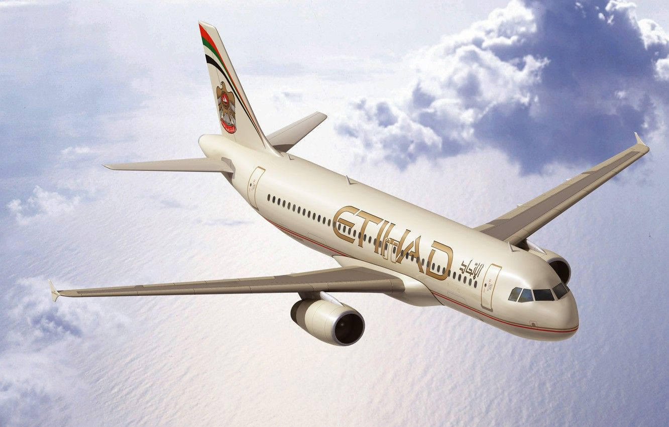 flying 桌布 壁紙 — 阿提哈德航空飛機在明亮的藍天背景下，優雅地翱翔於蓬鬆的白雲之上。