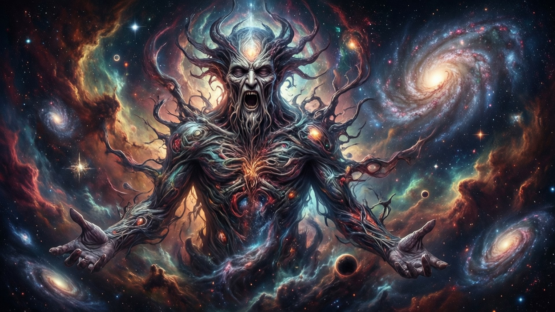 阿撒托斯之梦 壁紙 — 一個擁有樹狀肢體和發光眼睛的宇宙實體，從旋轉的星系和星雲中出現，構成超現實的太空場景。
