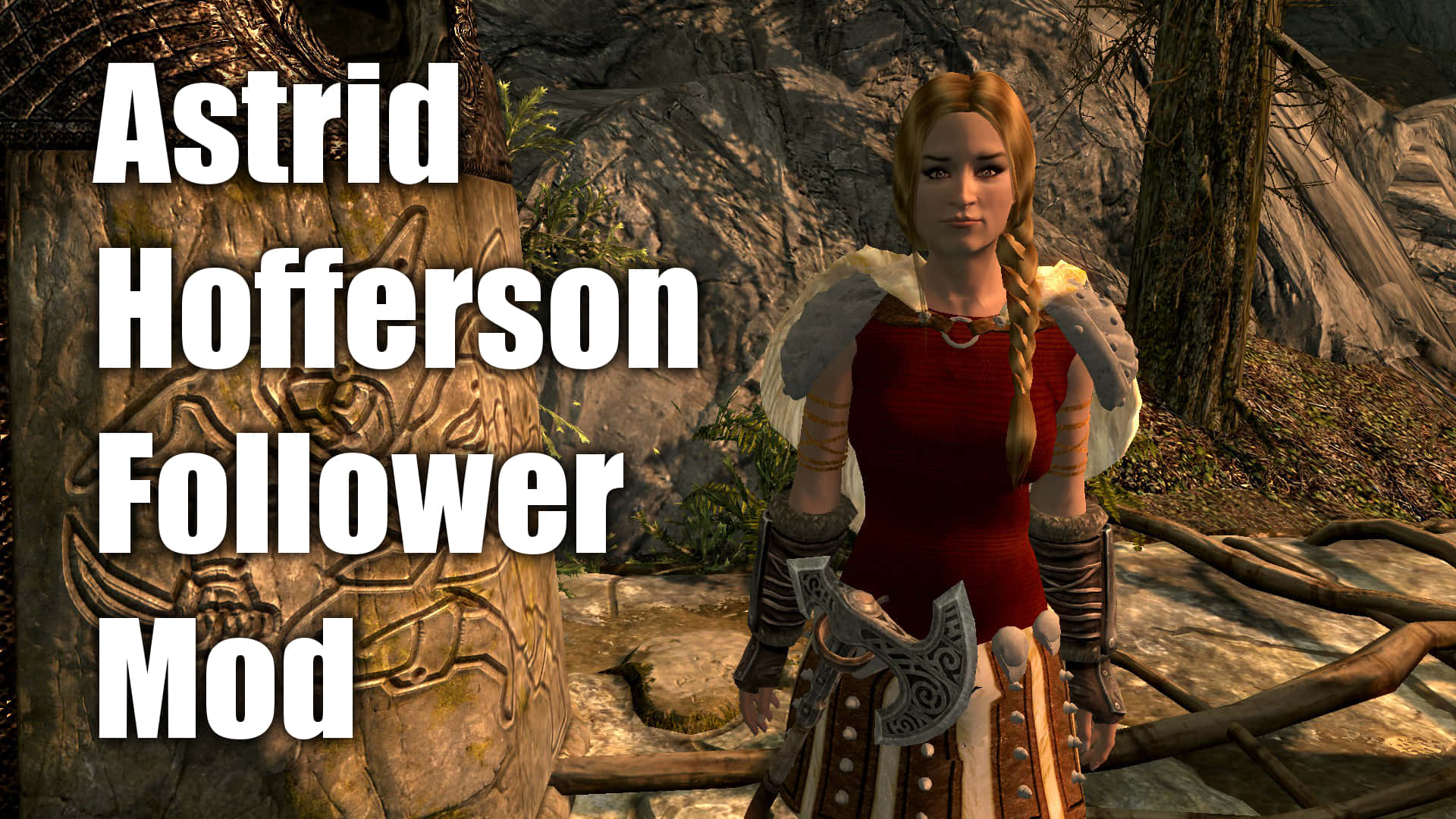 Skyrim Astrid 桌布 壁紙 — 阿斯特麗德·霍弗森站在岩石森林中，手持斧頭，身穿帶有白色毛皮邊飾的紅色盔甲。