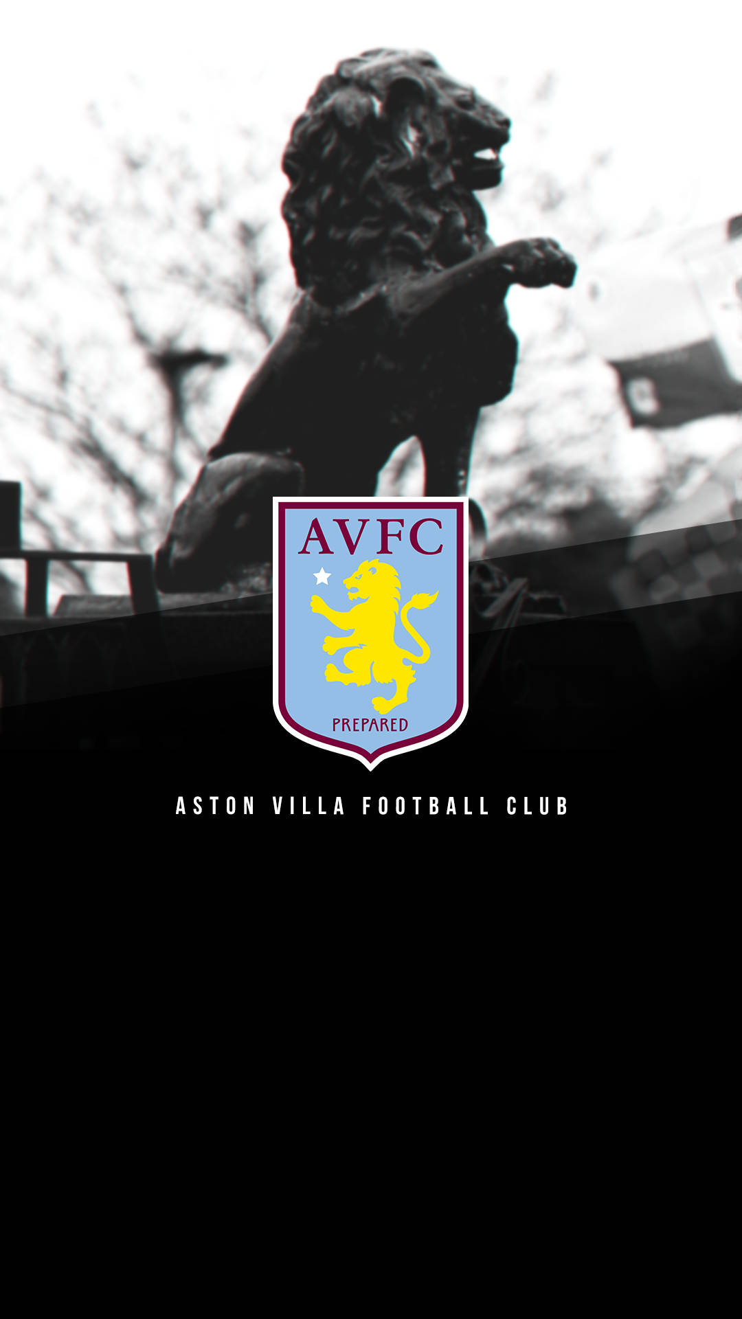 Villa 桌布 壁紙 — 阿斯頓維拉足球俱樂部徽章覆蓋在一張獅子雕像的黑白照片上，下半部分較暗。