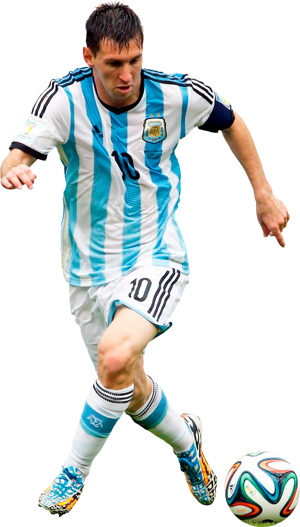 Football Player 桌布 壁紙 — 阿根廷足球員梅西身穿藍白條紋球衣，在黑色背景前盤球，足球色彩繽紛。