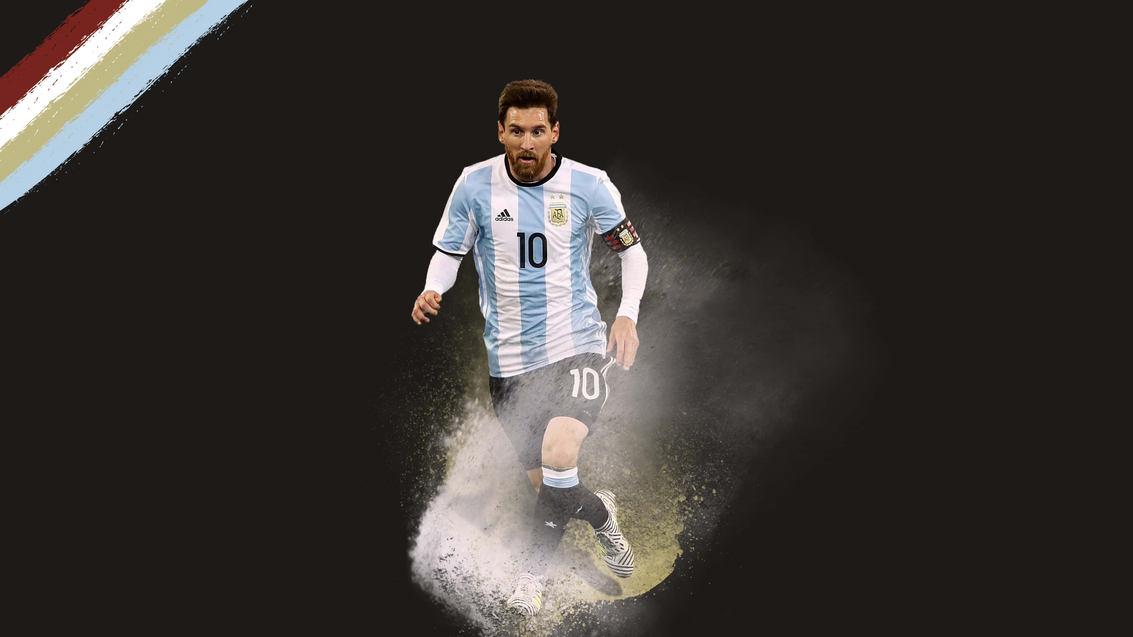 Messi Cool 桌布 壁紙 — 阿根廷足球巨星梅西身穿標誌性的10號球衣，在帶有彩色斜紋的純黑色背景上踢起塵土。