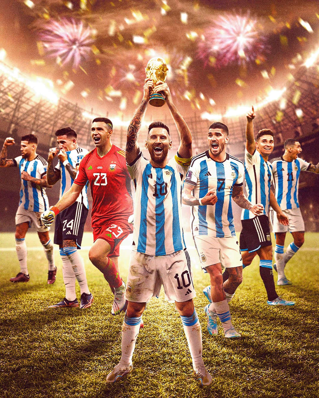 Messi And Ronaldo 4K 桌布 壁紙 — 阿根廷足球運動員在球場上勝利慶祝，煙火爆炸，五彩紙屑在他們周圍飄落。