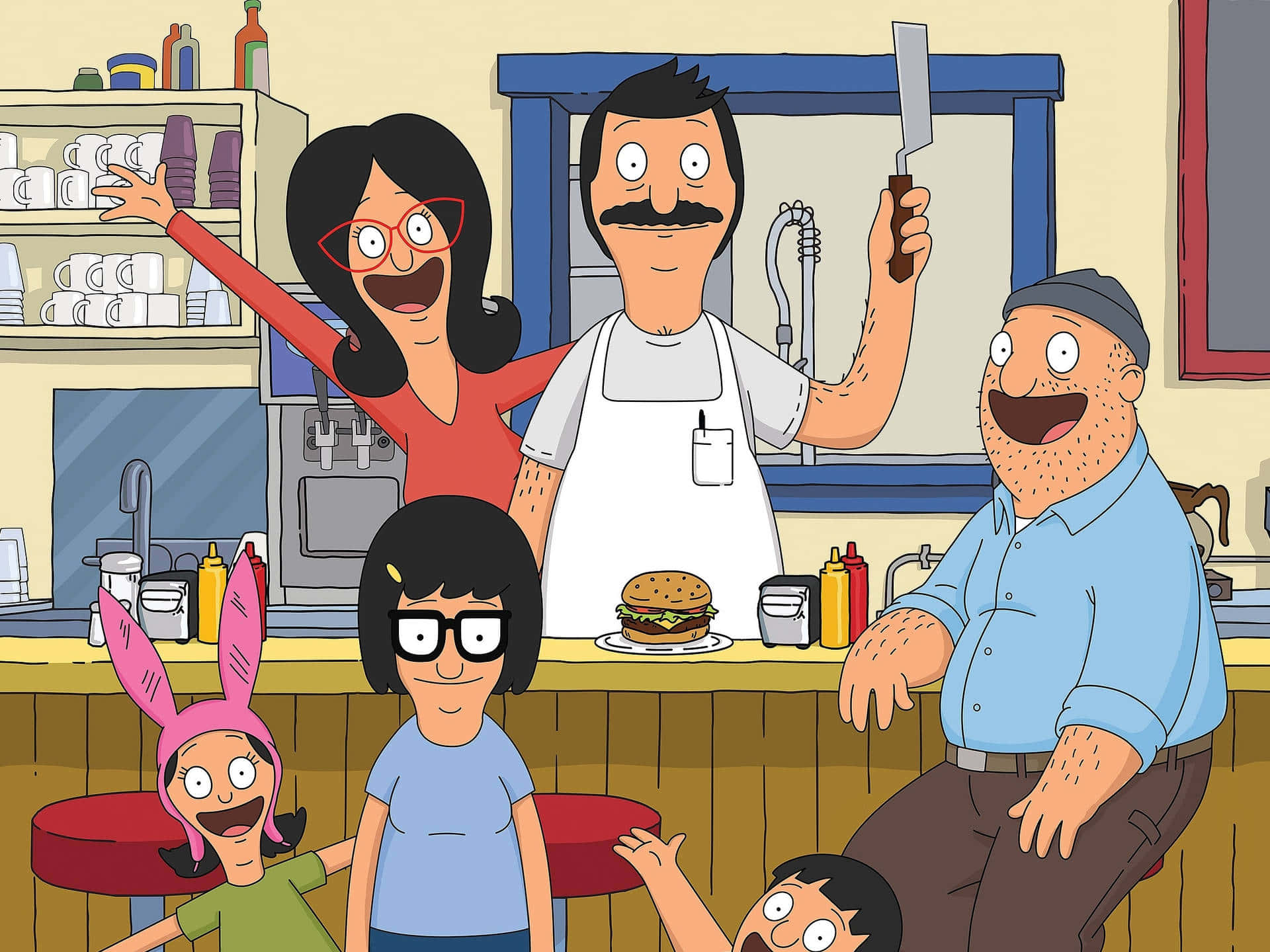 bob's burgers 桌布 壁紙 — 《阿森一族》家庭在他們的漢堡店裡愉快地擺姿勢，展示一個巨型漢堡和一把切肉刀。