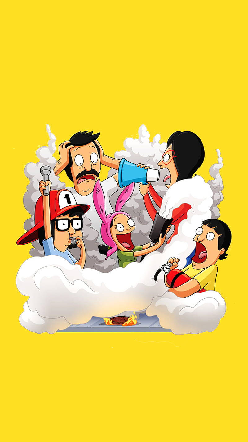 Cartoon 桌布 壁紙 — 《阿森一族》的貝爾徹一家從一團煙霧中衝出，圍繞著一個燃燒的燒烤爐，背景是明亮的黃色。