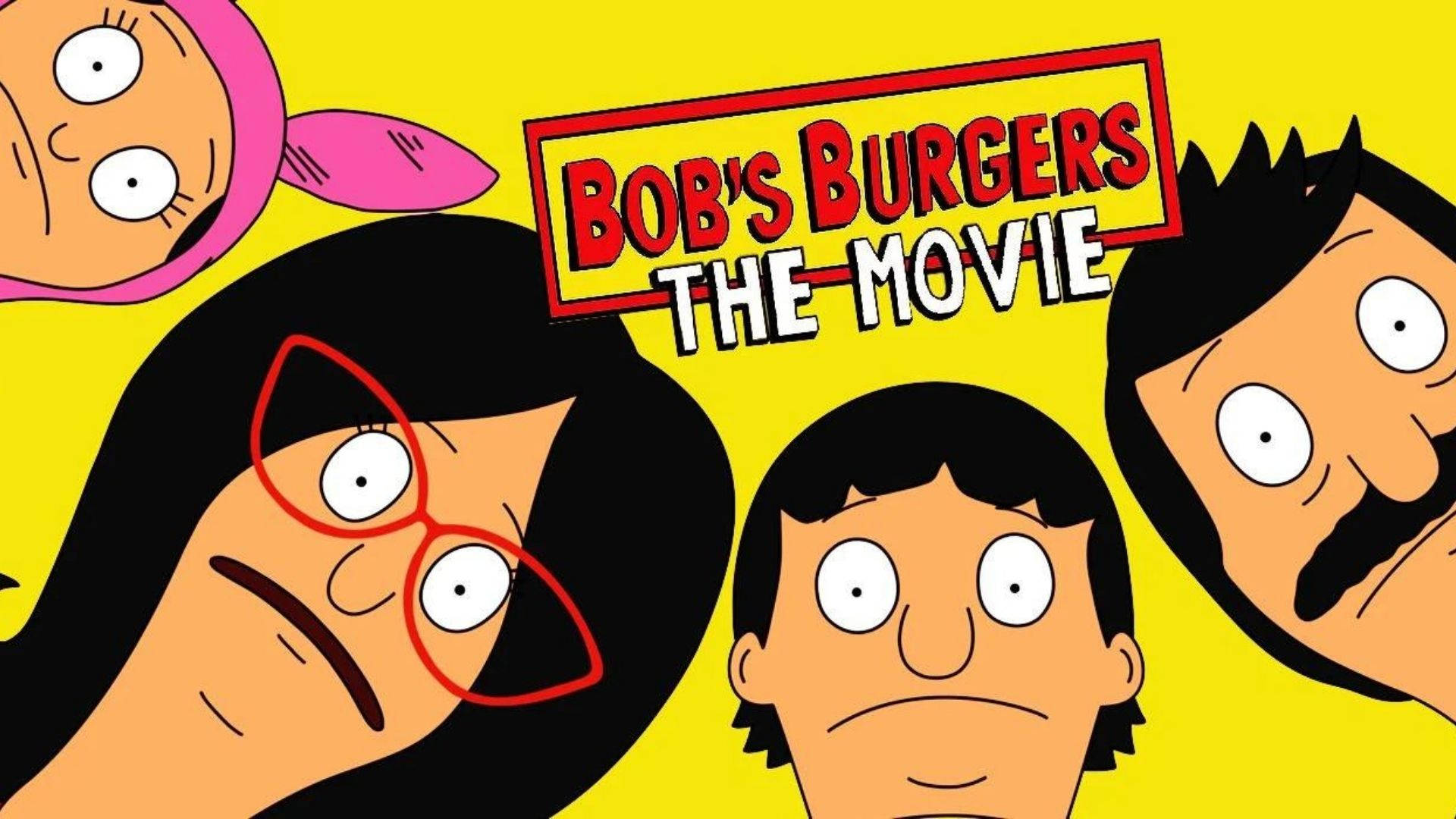 bobs burgers 桌布 壁紙 — 《阿森一族大電影》中的四個卡通角色在明亮的黃色背景前睜大眼睛凝視。
