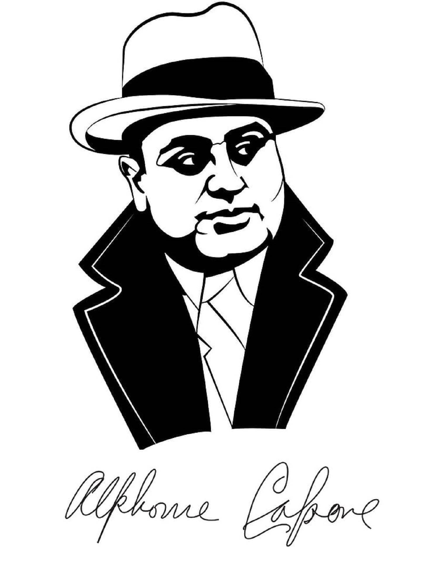 Capone 桌布 壁紙 — 阿爾·卡彭戴著軟呢帽和西裝的鮮明黑白線條肖像，下方有他的簽名。