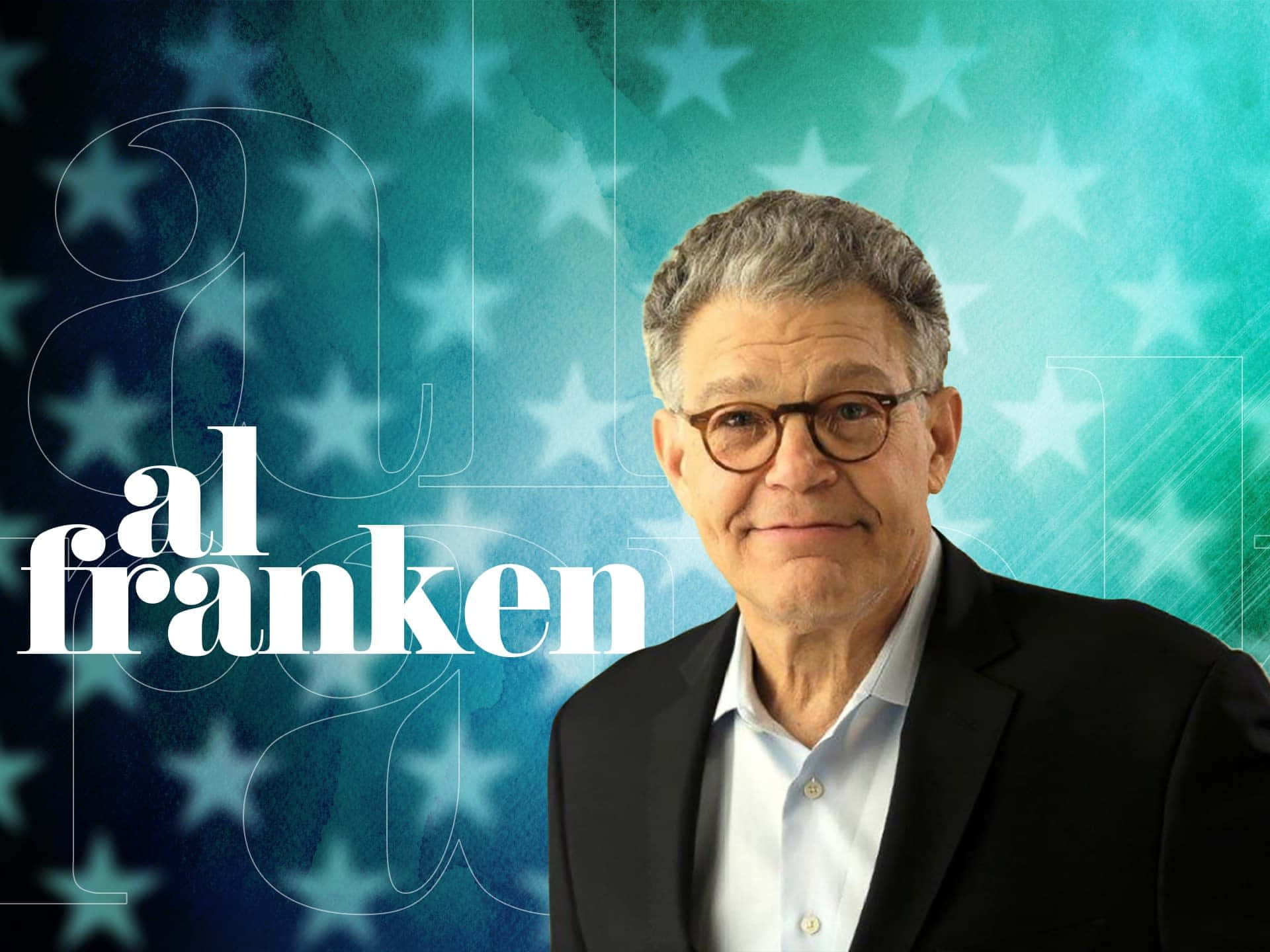 政治 桌布 壁紙 — 阿爾·弗蘭肯（Al Franken）身穿西裝微笑的肖像，背景為藍色星空，名字以白色文字顯示。