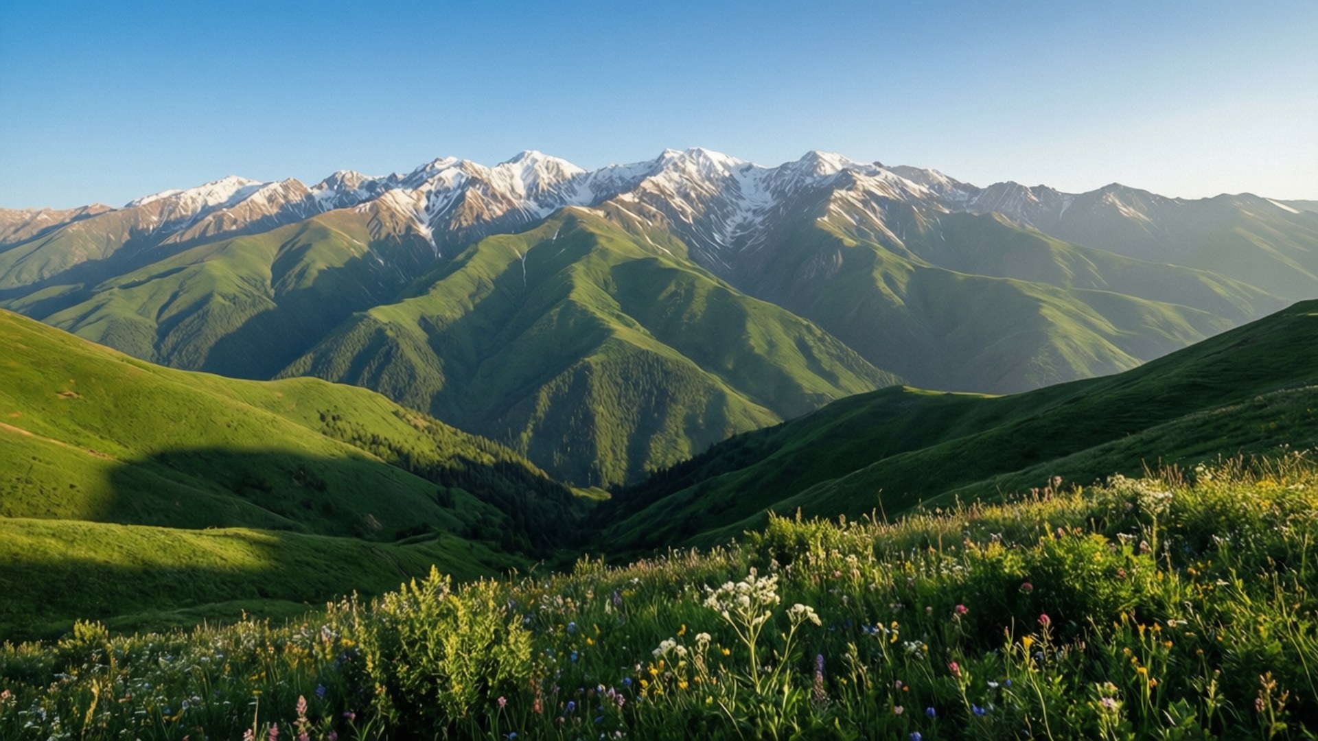 阿爾博茲山壯麗風光 壁紙 — 陽光照耀的綠色山坡上點綴著野花，通往藍天白雲下白雪覆蓋的山峰。