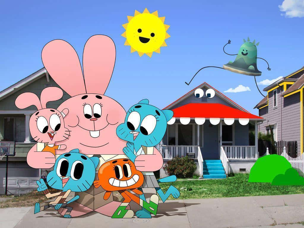 the amazing world of gumball 桌布 壁紙 — 《阿甘妙世界》的卡通角色在微笑的太陽下，開心地站在一間郊區房屋前。