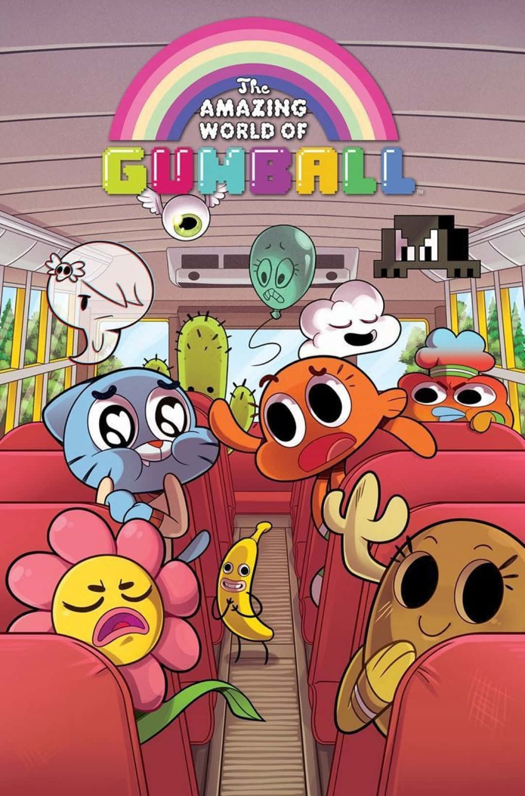 the amazing world of gumball 桌布 壁紙 — 《阿甘妙世界》的卡通角色坐在一輛有彩虹和香蕉吉祥物的巴士上。