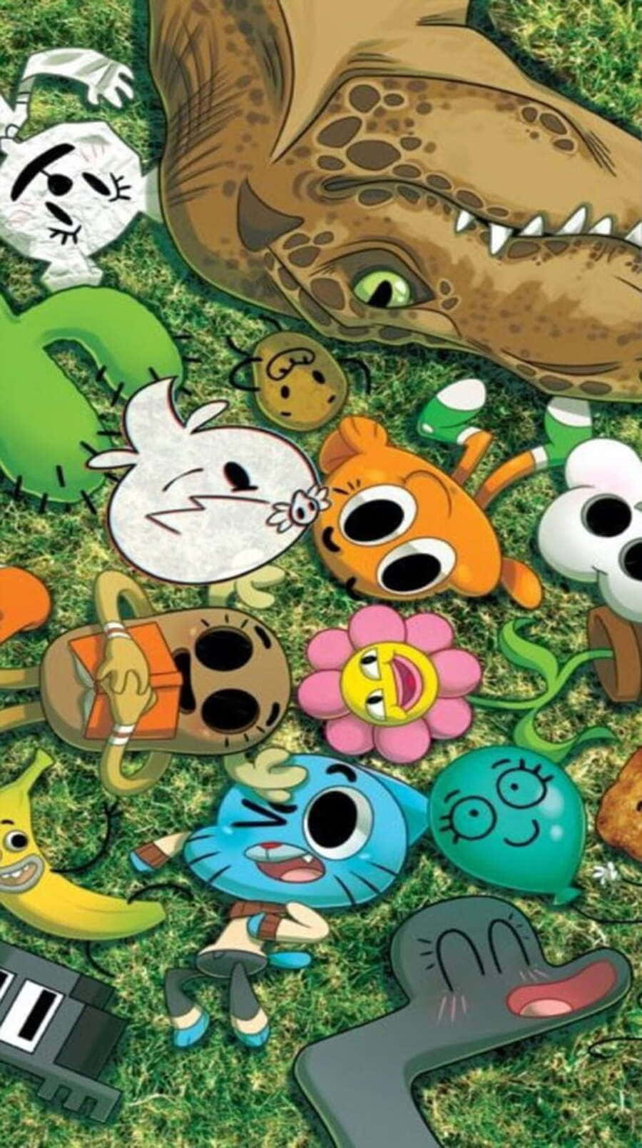 Gumball And Darwin 桌布 壁紙 — 《阿甘妙世界》的卡通角色散落在恐龍頭下的草地上。