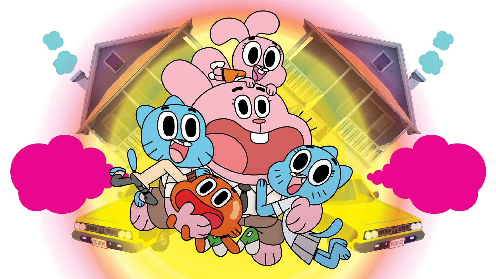 the amazing world of gumball 桌布 壁紙 — 阿甘家族開心地在黃色汽車中行駛，伴隨著粉紅色煙霧，背景是閃耀的日落。