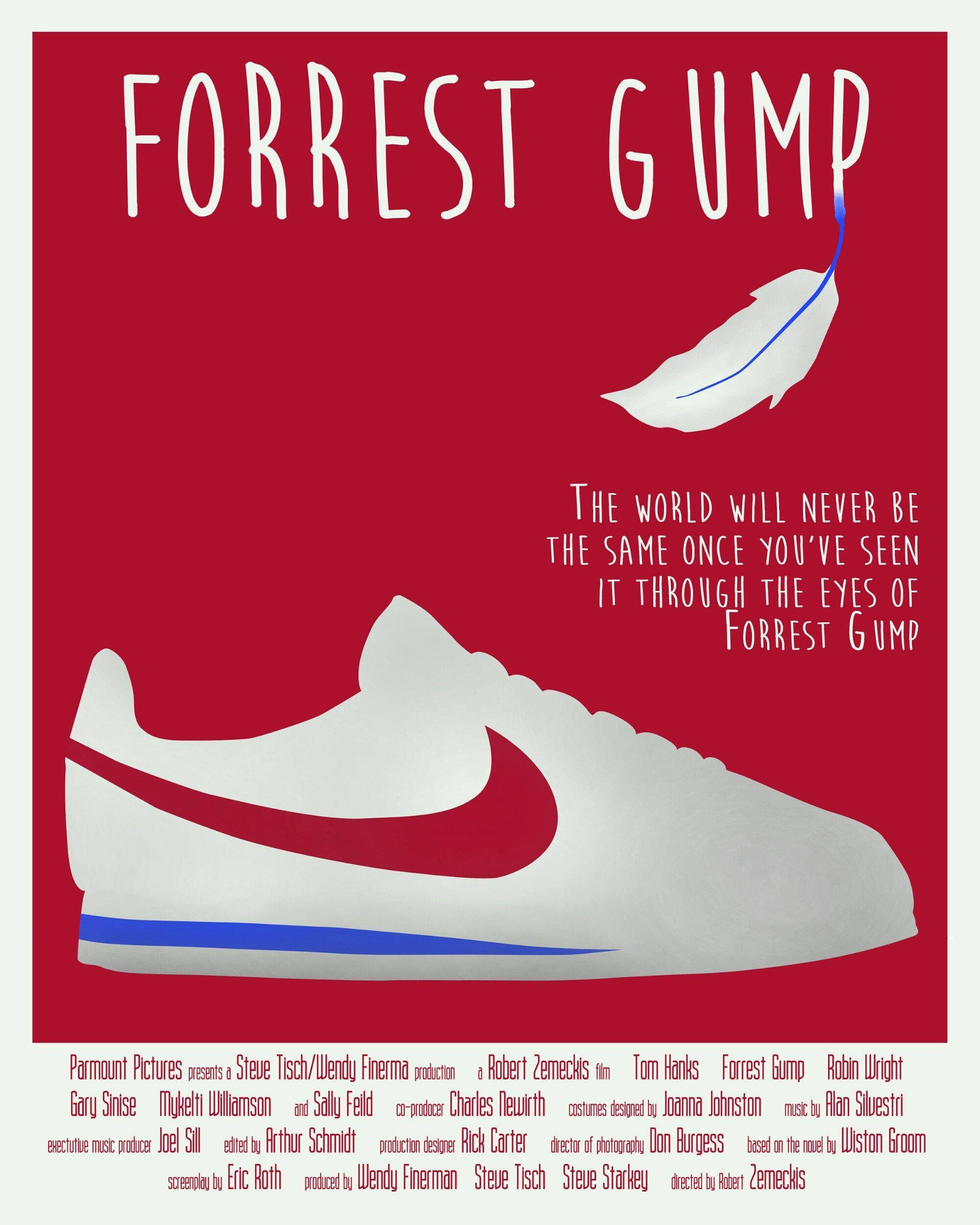 forrest 桌布 壁紙 — 《阿甘正傳》極簡電影海報，白色運動鞋配紅色勾號，羽毛飄落在純紅背景上。