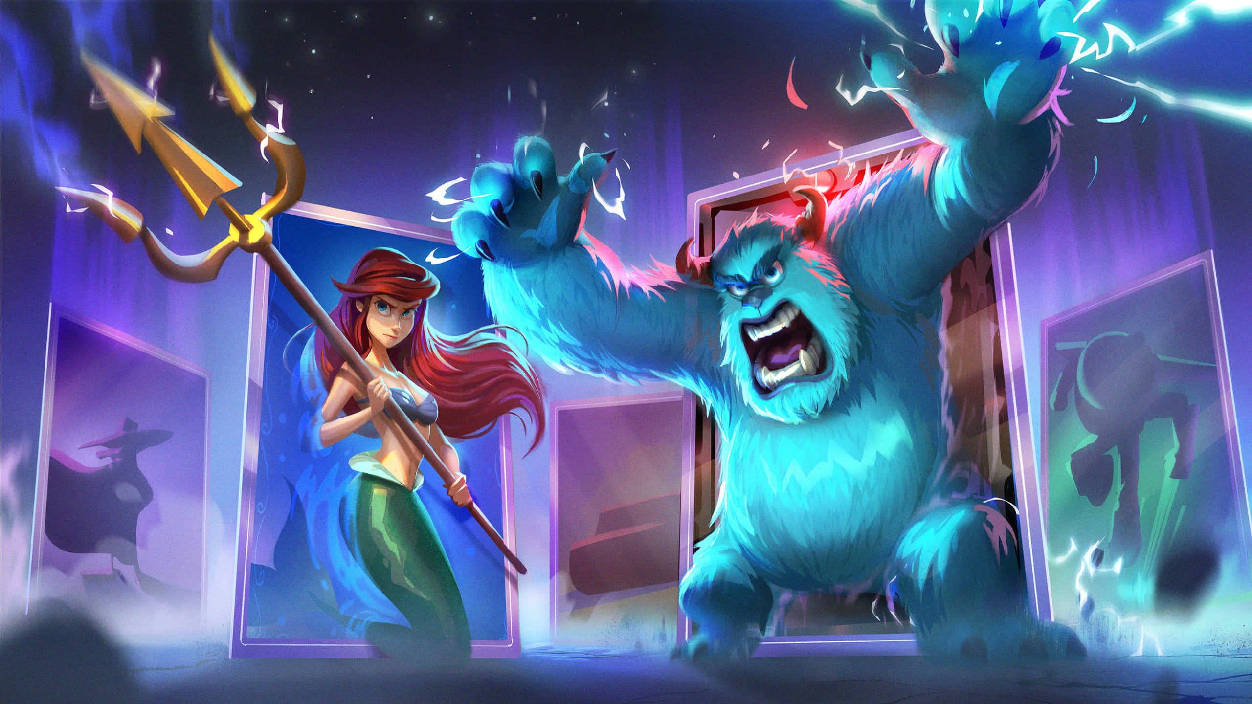 sulley 桌布 壁紙 — 阿美利卡手持三叉戟，挑釁地站立，而一個發光的藍色怪物在黑暗、帶電的房間中咆哮。