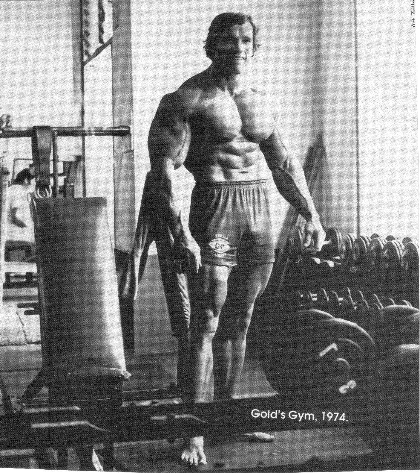 Arnold 桌布 壁紙 — 阿諾·史瓦辛格在復古健身房赤裸上身，展示他肌肉發達的體格，旁邊有啞鈴和舉重器材。