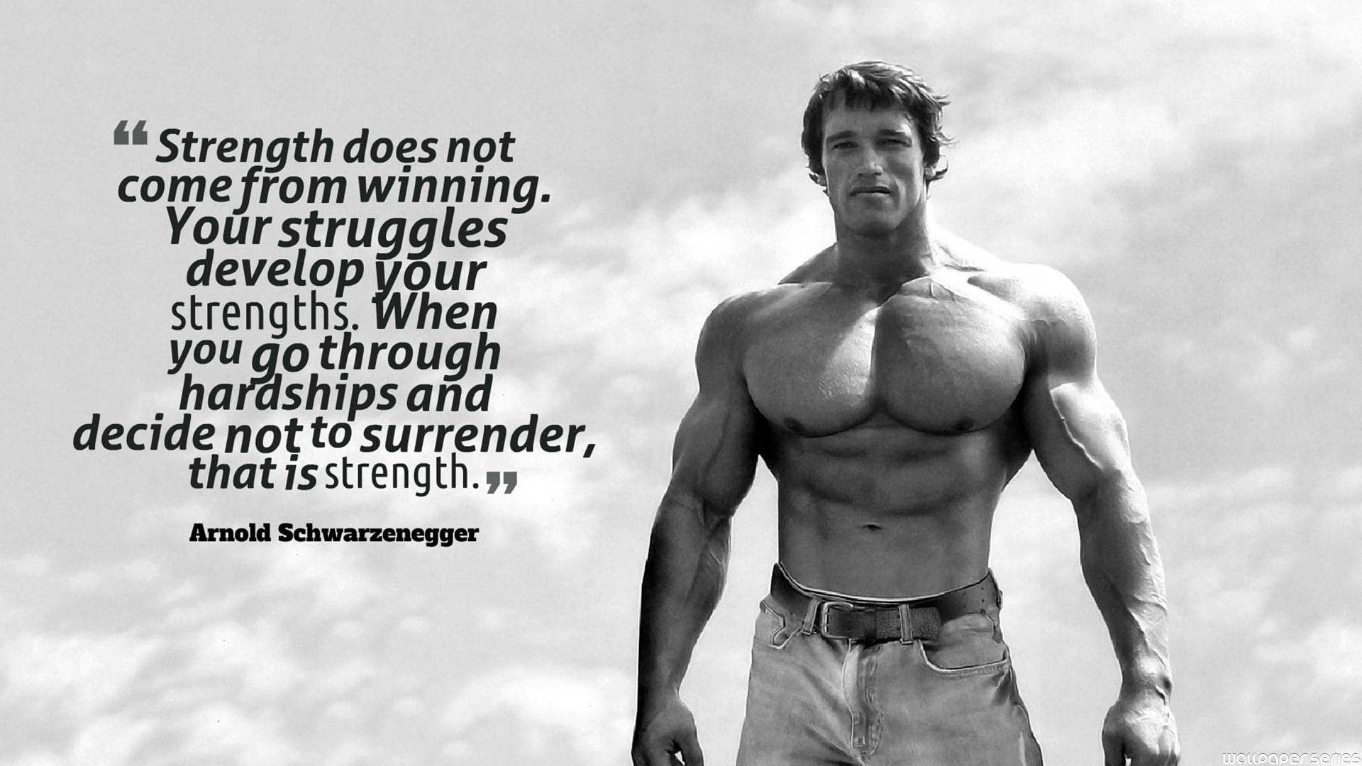 Gym Motivation 桌布 壁紙 — 阿諾·史瓦辛格赤裸上身站立的黑白肖像，上面覆蓋一句勵志名言，背景是多雲的天空。