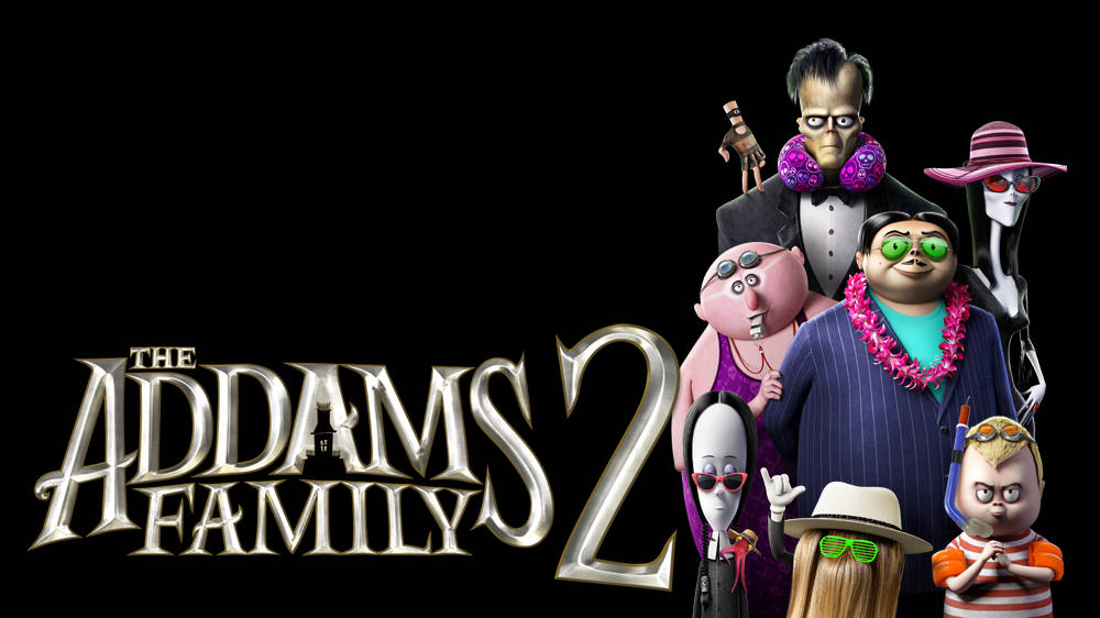 The Addams Family 2 桌布 壁紙 — 《阿達一族2》電影海報以黑色背景展示穿著色彩繽紛服裝的古怪動畫角色。