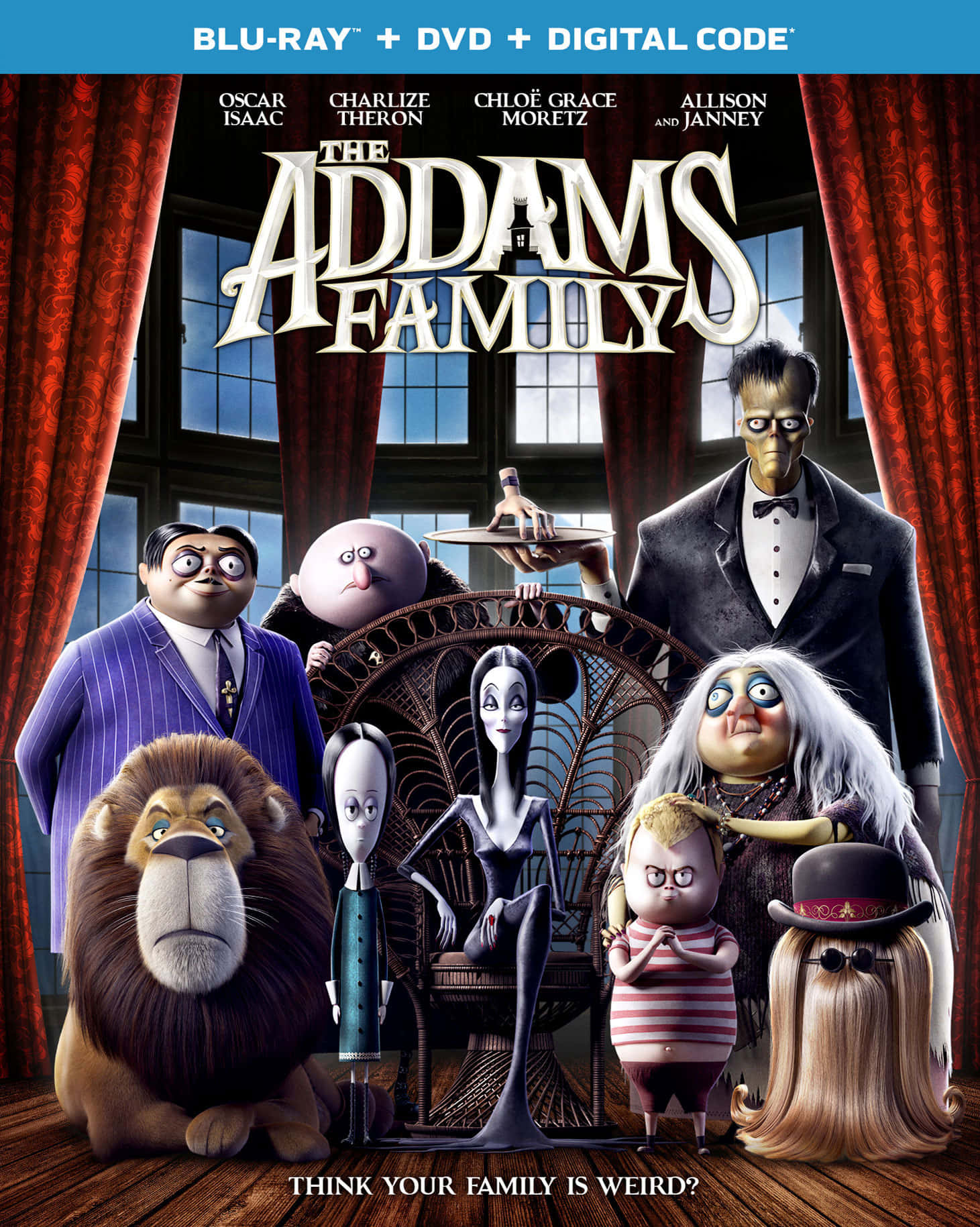 Addams Family 桌布 壁紙 — 阿達一族動畫角色在一個帶有紅色窗簾和大窗戶的哥德式豪宅中一起擺姿勢。