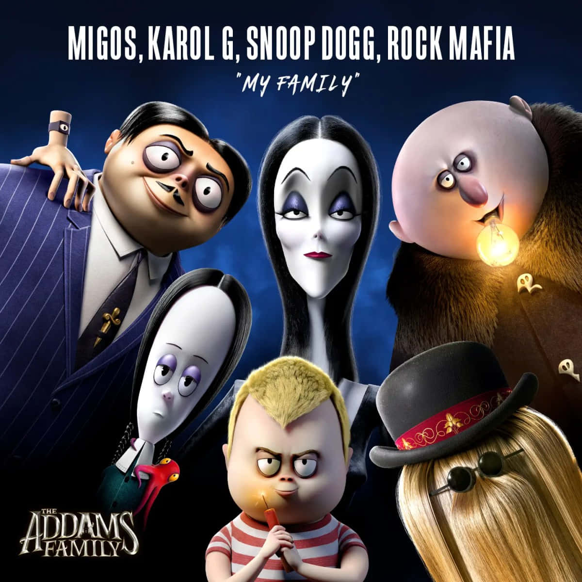 Addams Family 桌布 壁紙 — 阿達一族動畫角色在深藍色背景前一起擺姿勢，背景文字列出音樂藝術家和歌曲名稱。