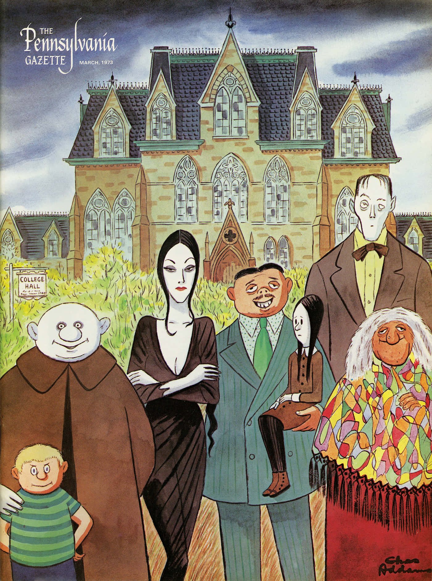 Addams Family 桌布 壁紙 — 阿達一族站在他們的哥德式大宅前，帶有誇張的卡通特徵和鮮豔的色彩。