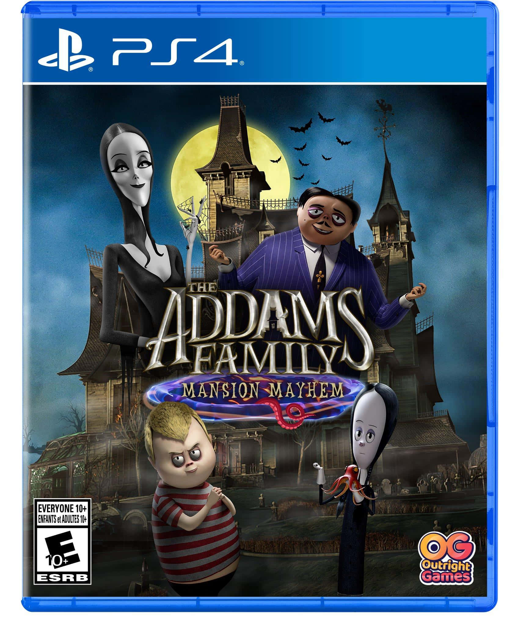 Addams Family 桌布 壁紙 — 阿達一族角色站在他們的哥德式大宅前，滿月當空，蝙蝠飛舞。