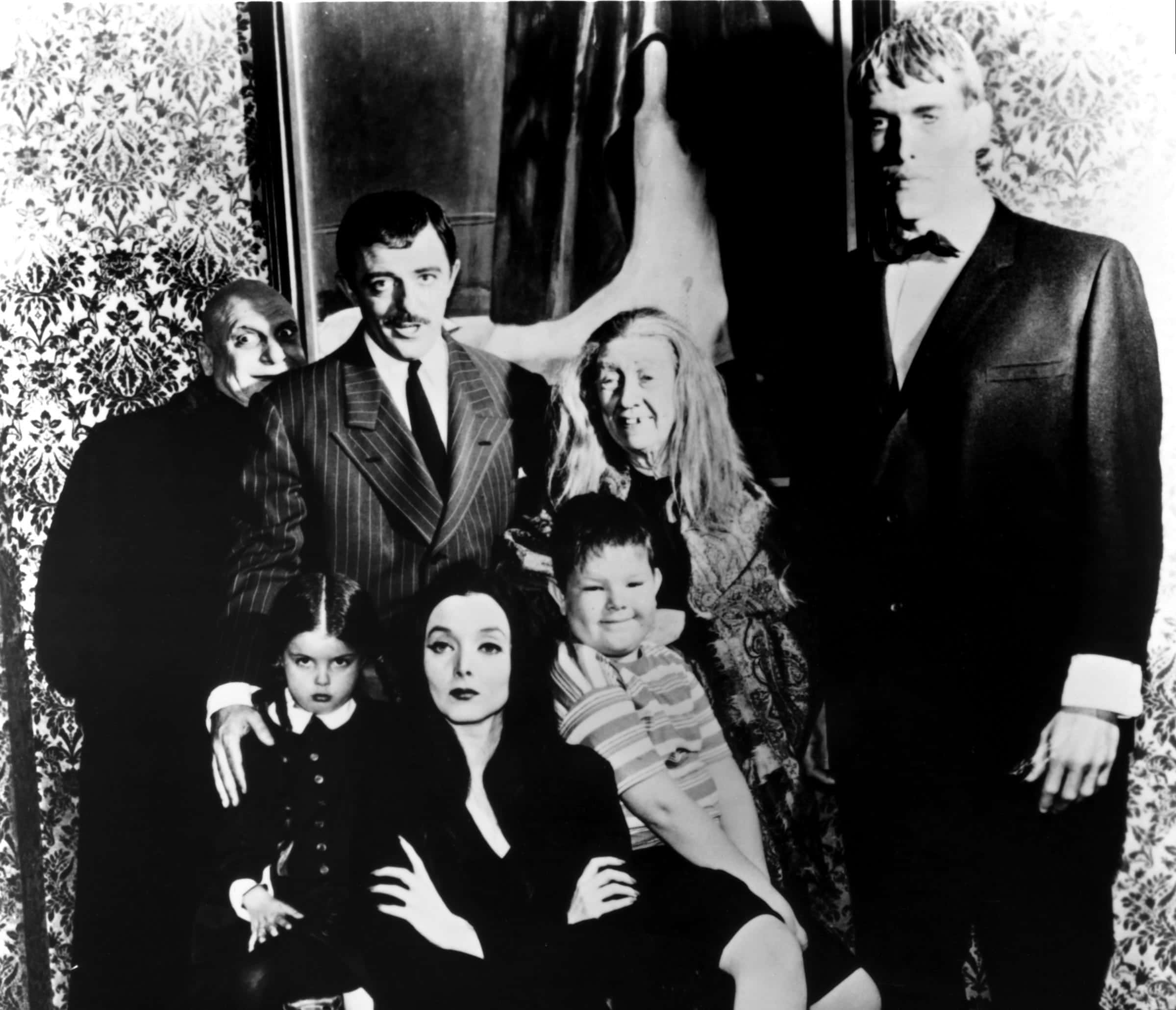 Addams Family 桌布 壁紙 — 阿達斯家族在華麗的壁紙背景下，以戲劇性燈光擺出哥德式黑白肖像姿勢。