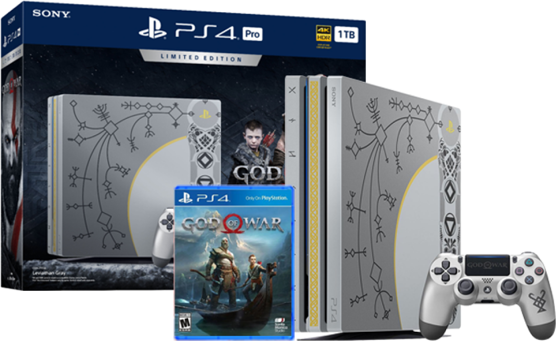 PlayStation 桌布 壁紙 — 限量版 PS4 Pro 主機與 God of War 遊戲套裝，附銀色北歐符文設計及手把。