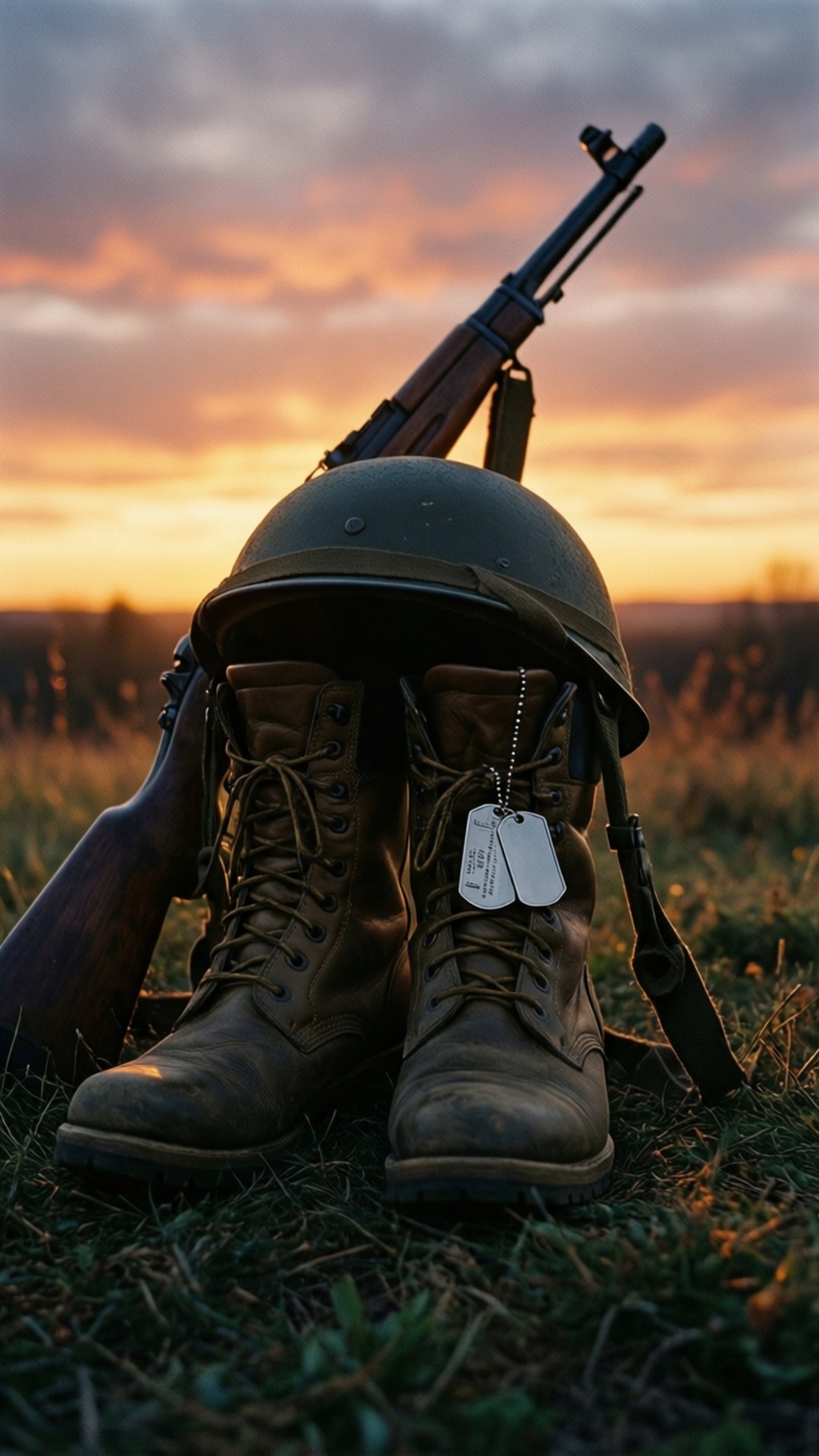 陣亡將士紀念 壁紙 — 軍用頭盔、靴子和步槍在日落時分放在草地上，伴隨著溫暖的橙色天空。