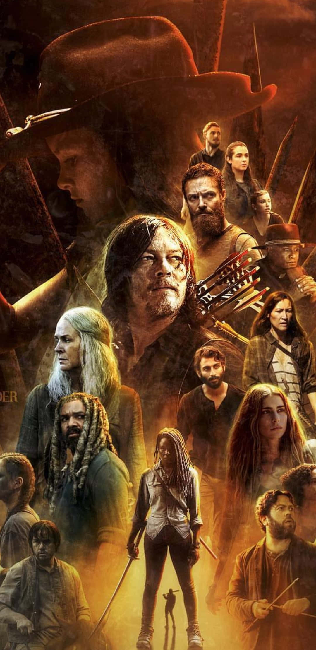 The Walking Dead iPhone 桌布 壁紙 — 《陰屍路》中堅韌倖存者的戲劇性拼貼畫，沐浴在熾熱的橙色光芒中，手持武器，表情堅定。