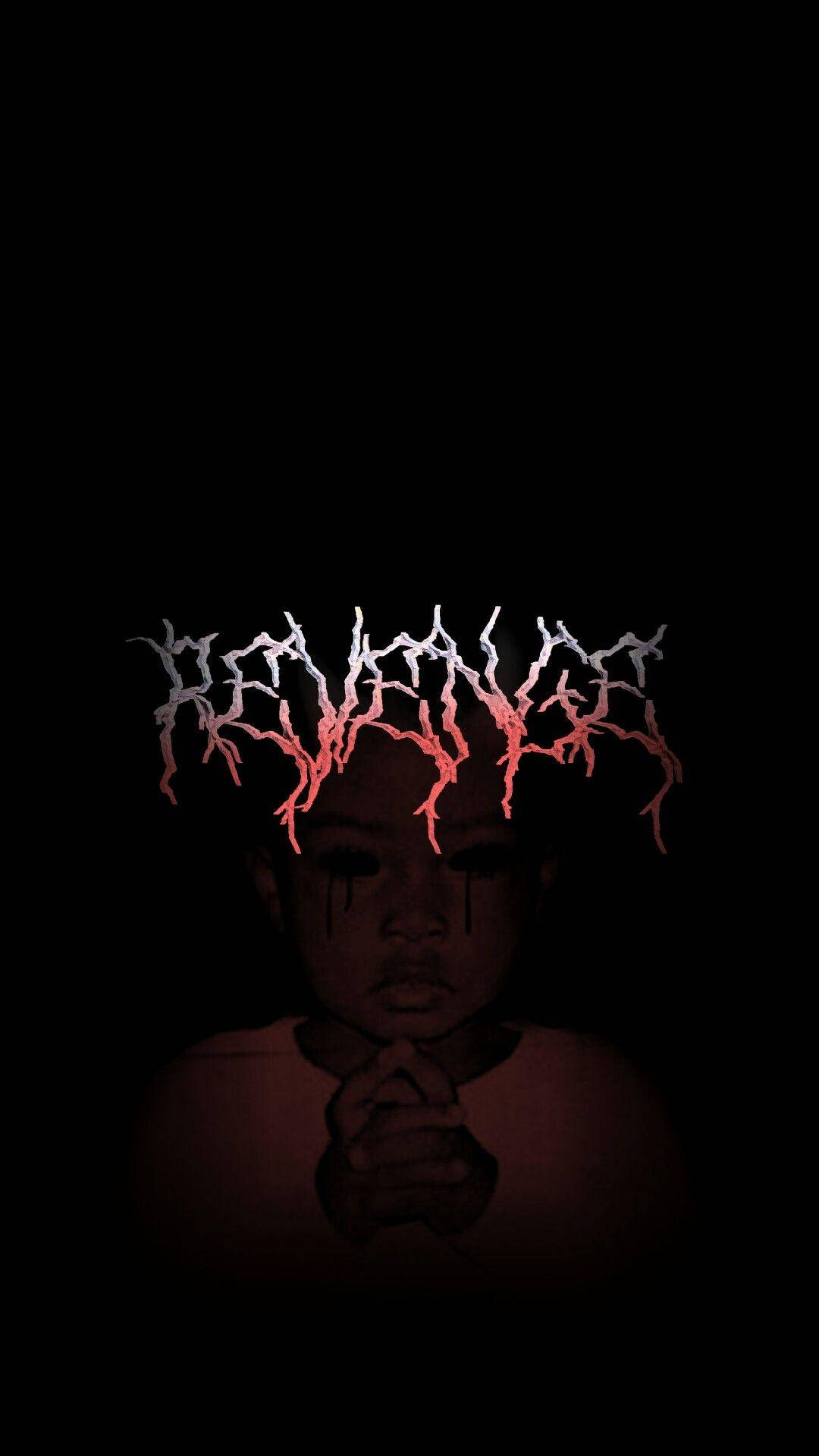 xxxtentacion 美學 桌布 壁紙 — 陰影中孩子的臉，上方有發光的紅色和白色鋸齒狀文字，喚起黑暗奇幻恐怖。