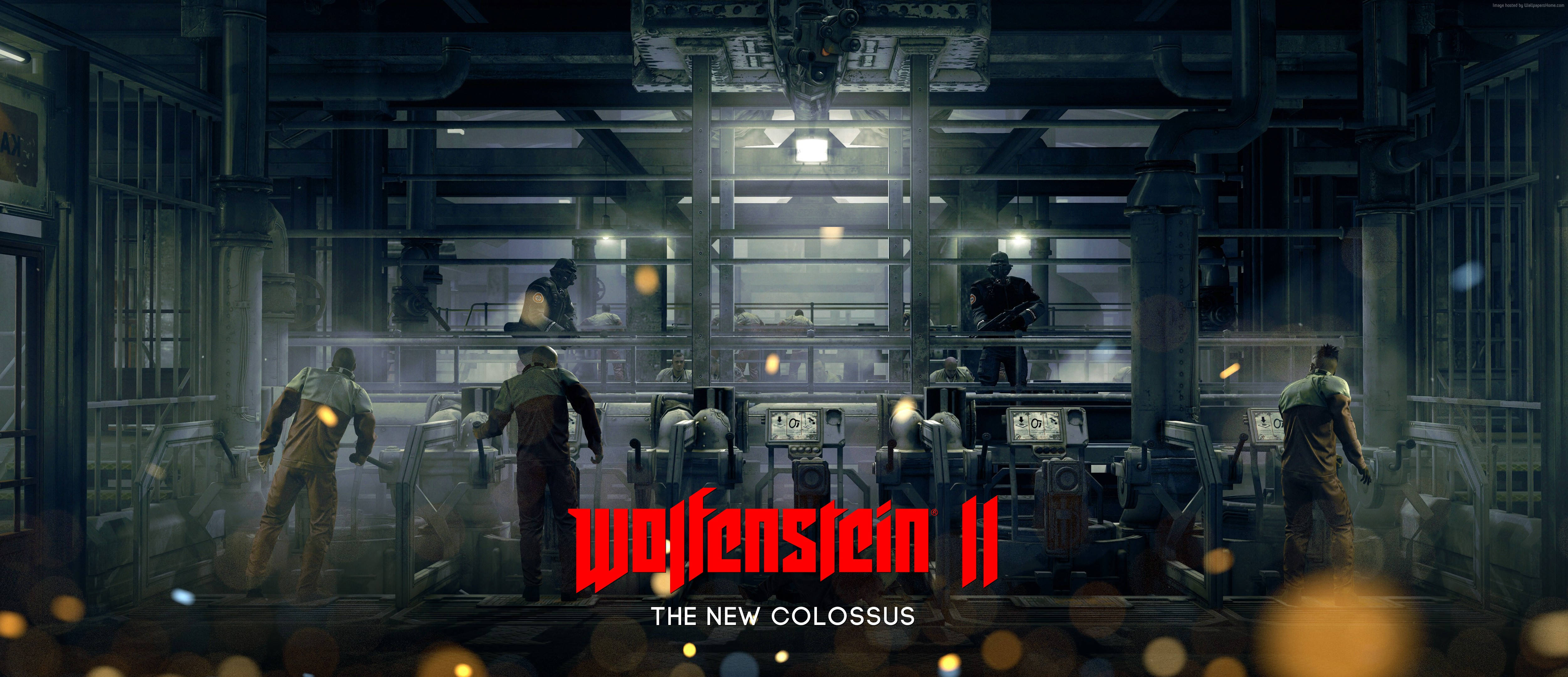 Wolfenstein 桌布 壁紙 — 陰暗的工業設施，穿著防護服的工人在閃爍燈光下穿過昏暗的走廊。