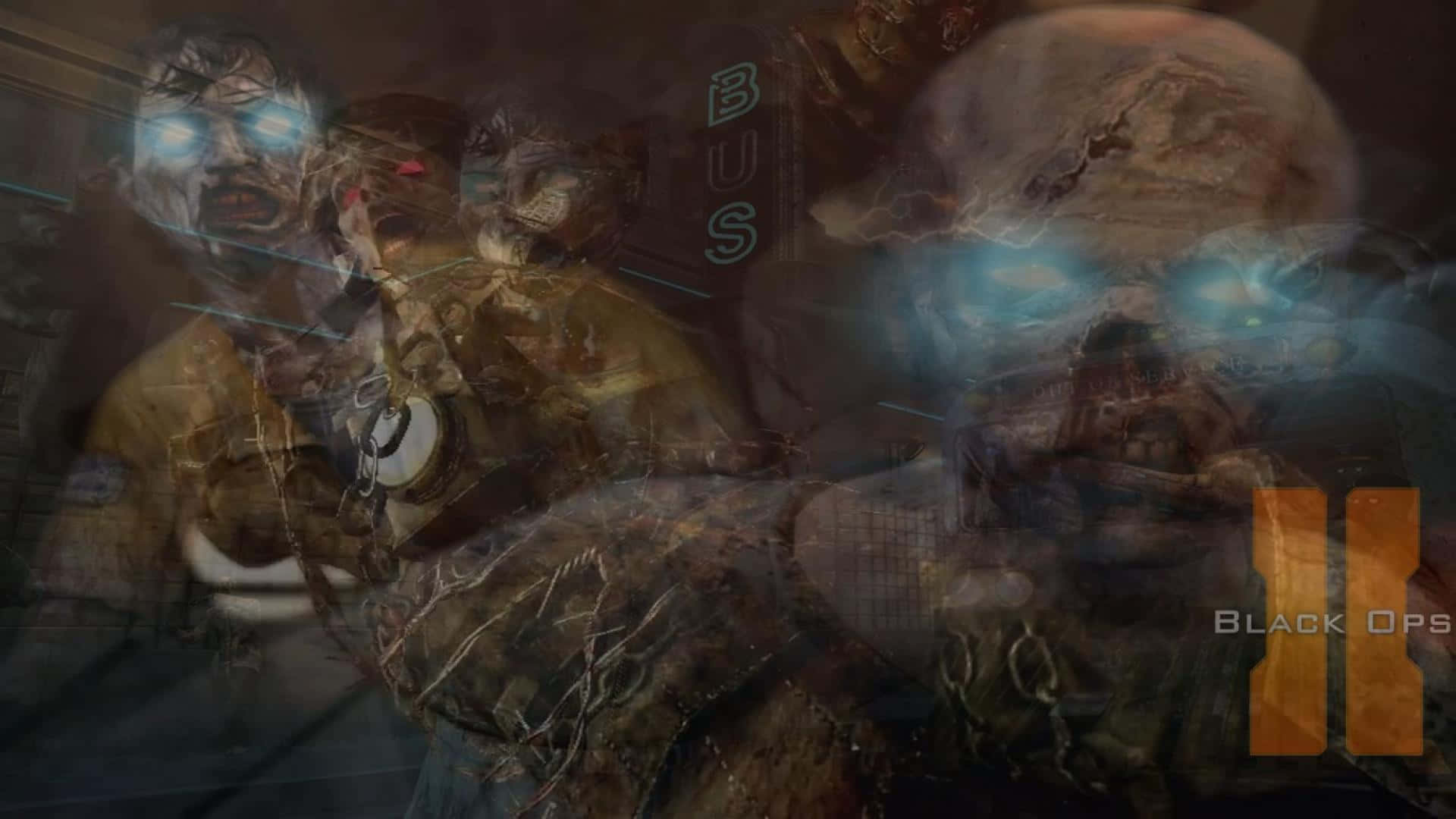 桌布 壁紙 — 陰森的殭屍形象，眼睛發出藍光，潛伏在黑暗的城市廢墟中，廢墟上有褪色的公車標誌和Black Ops II標誌。