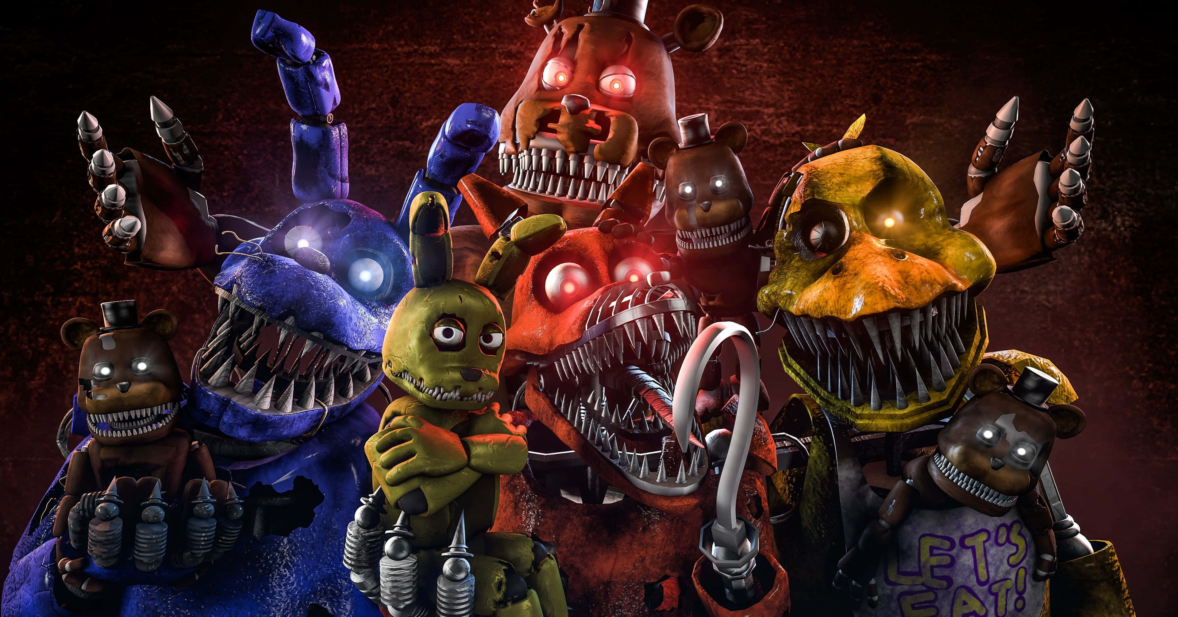 Animatronics 桌布 壁紙 — 陰森的電子動畫角色，眼睛發光，牙齒鋒利，在黑暗紋理背景上威脅地逼近。