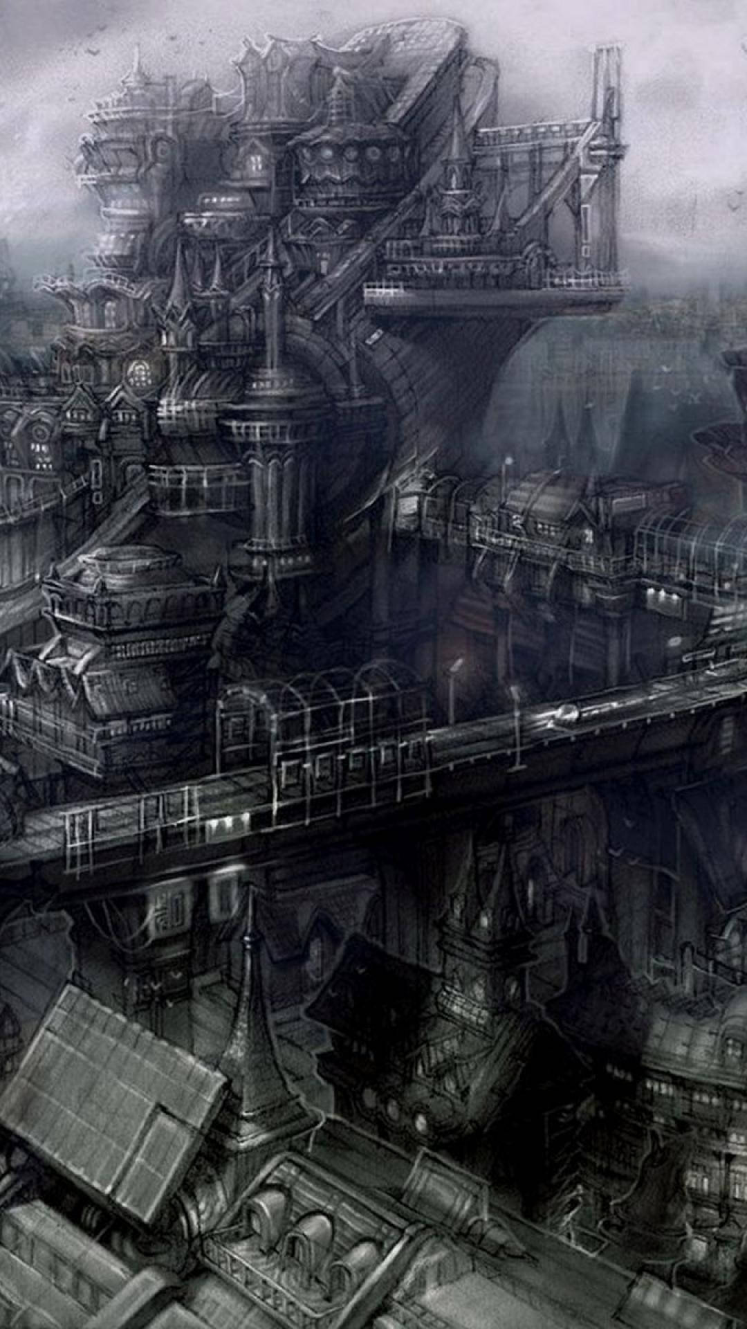 Gothic Phone 桌布 壁紙 — 陰沉天空下，一座擁有複雜建築和高聳尖塔的廣闊哥德式城市景觀。