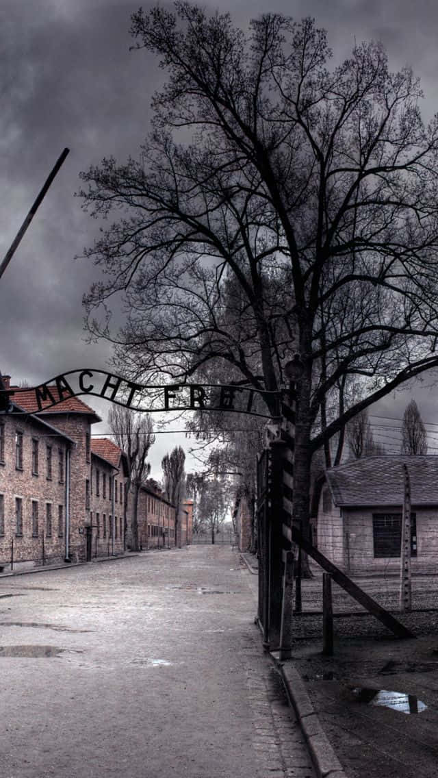 暴風雨天空下，奧斯威辛集中營入口帶有「Arbeit macht frei」標誌。 — 波蘭 GIF 壁紙